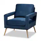 Front. Baxton Studio - Leland Glam and Luxe Velvet Fabric Upholstered and Gold Finished Armchair - Navy Blue/Gold.