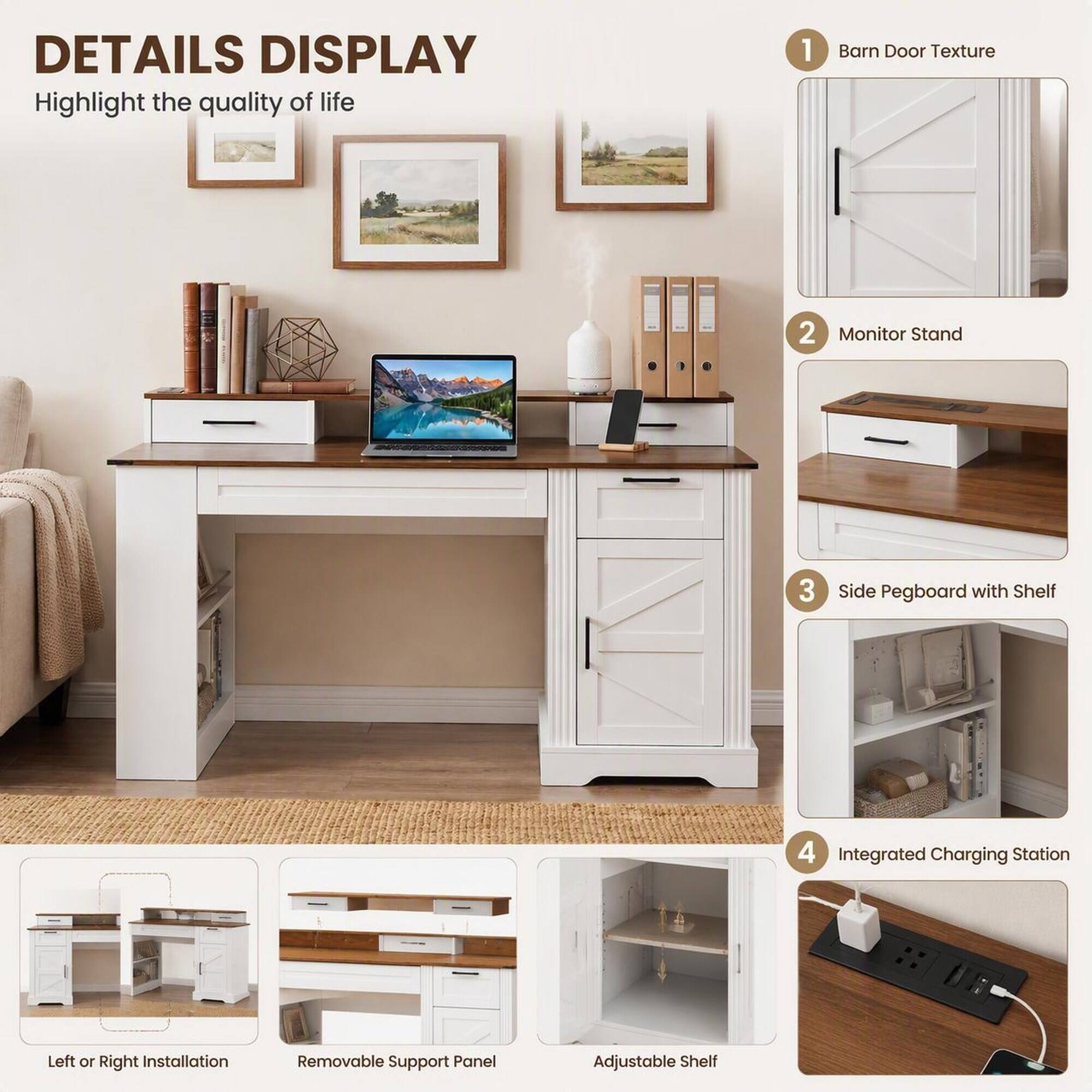 DETAILS DISPLAY  
Highlight the quality of life

1. Barn Door Texture
2. Monitor Stand
3. Side Pegboard with Shelf
4. Integrated Charging Station

- Left or Right Installation
- Removable Support Panel
- Adjustable Shelf
