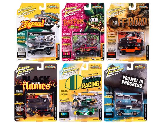 Sure, here is the corrected and grouped text from the image:
---
**Johnny Lightning Freaks**
1. **Zingers!**
- Radillac
- No. 1 of 2620
- Limited Edition
- Freak Facts
- Version 8
- Release 2
2. **Rat Fink**
- Rat Fink's Roy
- No. 2 of 3484
- Limited Edition
- Freak Facts
- Version 8
- Release 2
3. **FF Road**
- Tracks Max
- No. 3 of 3028
- Limited Edition
- Freak Facts
- Version 8
- Release 2
4. **Black with Flames**
- Black Box
- No. 4 of 2500
- Limited Edition
- Freak Facts
- Version 8
- Release 2
5. **24 Hours of Lemons Endurance Racing**
- This Ain't a 55, Man!
- No. 5 of 2500
- Limited Edition
-