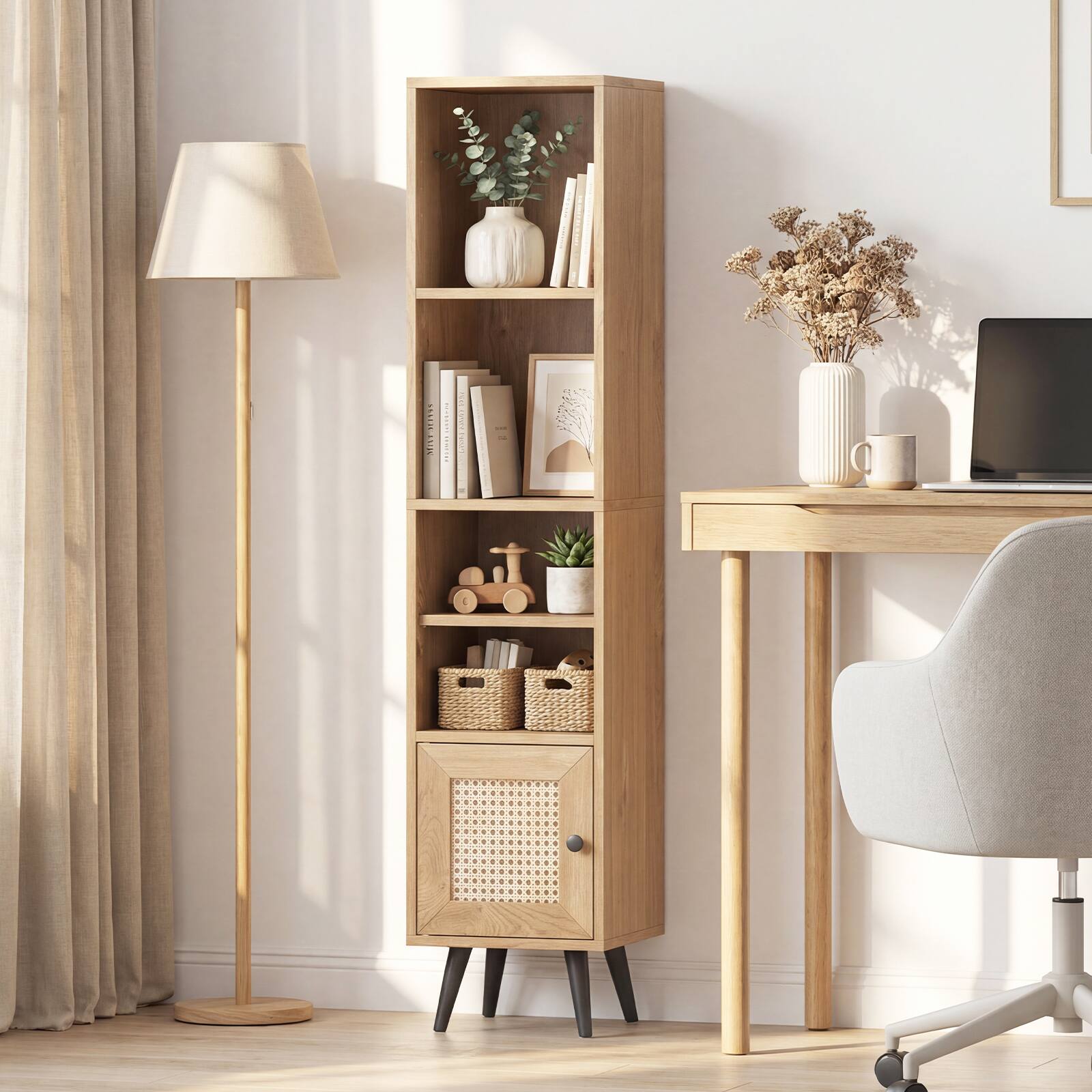 Alt View 4. Gymax - Gymax 6-Tier Tall Narrow Bookcase w/ Adjustable Shelf & Boho Style Rattan Door - Yellow.