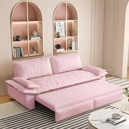 Front. JUJABU - 73.2" Queen Pull Out Sofa Bed, 3-in-1 Convertible Sleeper Sofa, Pink Velvet Loveseat Bed - Pink.