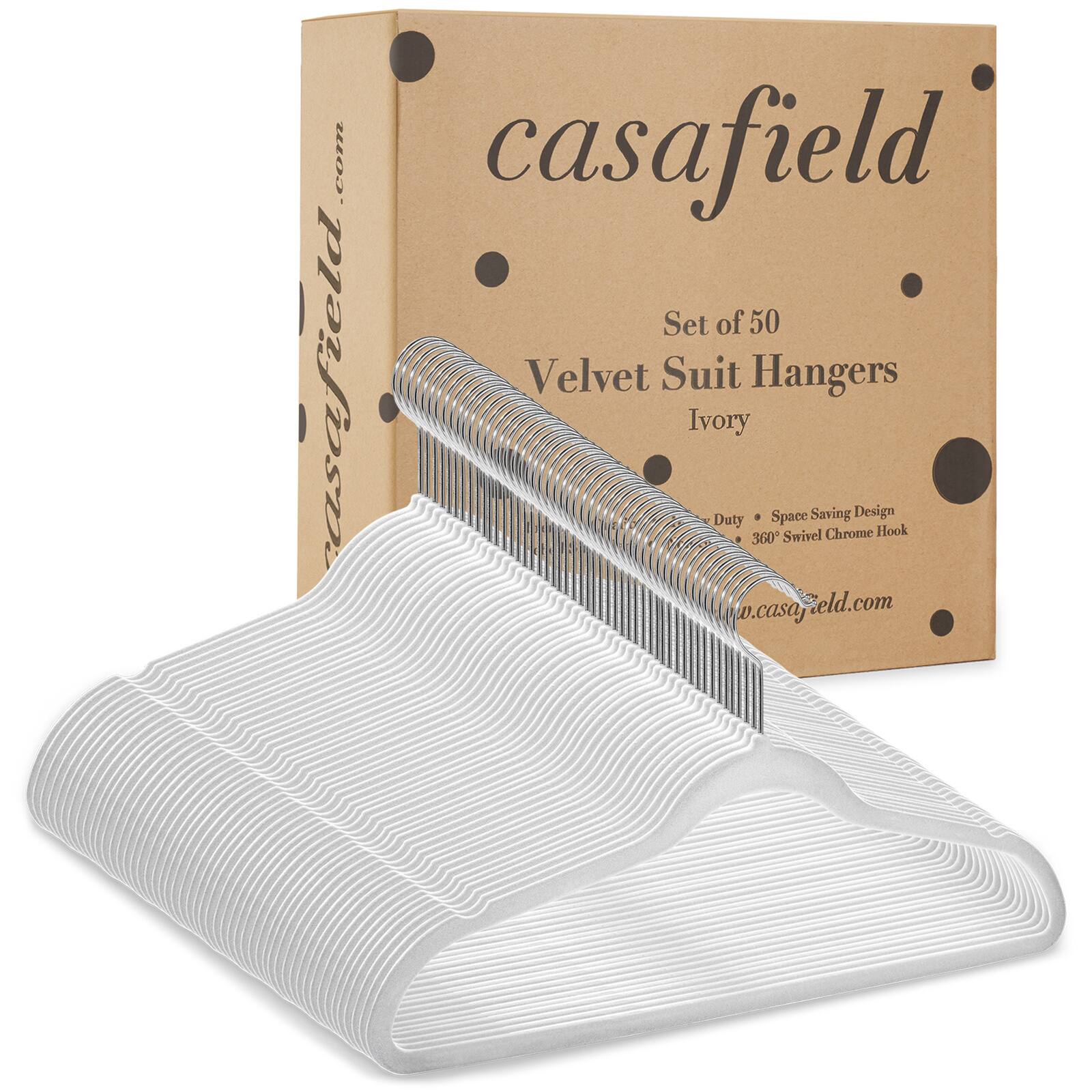 casafeld Set of 50 Velvet Suit Hangers Ivory  
Duty Space Saving Design 360° Swivel Chrome Hook  
www.casafeld.com