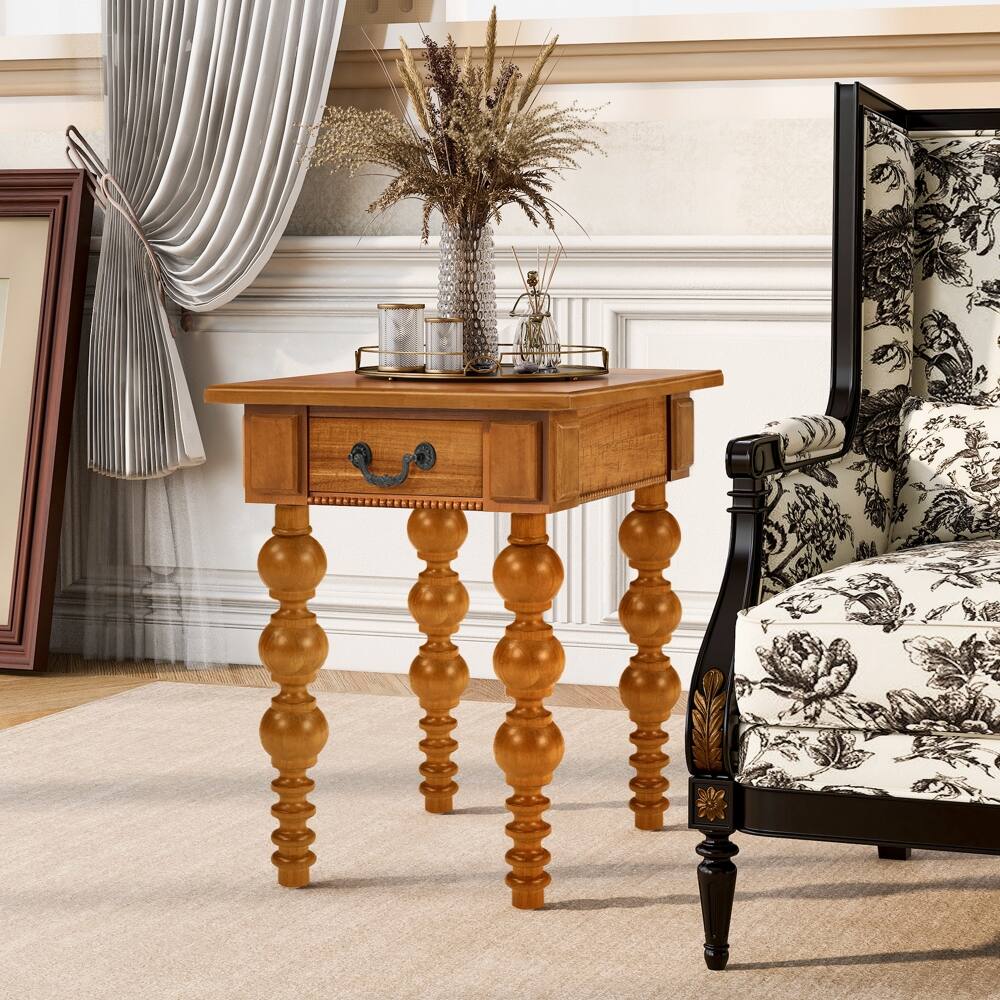 Alt View 1. Lirago - Natural Solid Wood End Table with Drawer Vintage Narrow 4 Leg Side Table for Living Room 23"H x 18"D x 24"W - Natural.