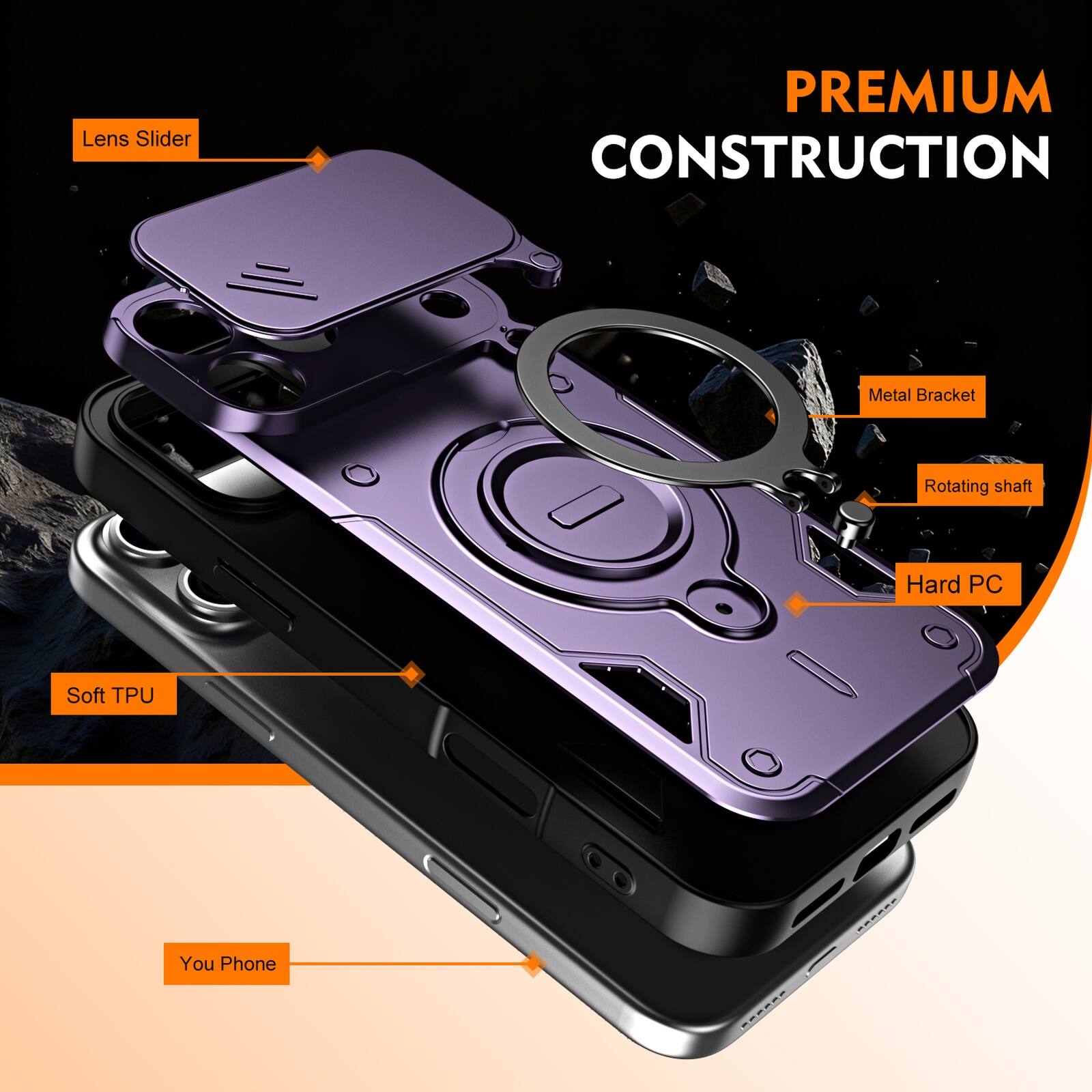 Lens Slider  
PREMIUM CONSTRUCTION  
Metal Bracket  
Rotating shaft  
Hard PC  
Soft TPU  
You Phone