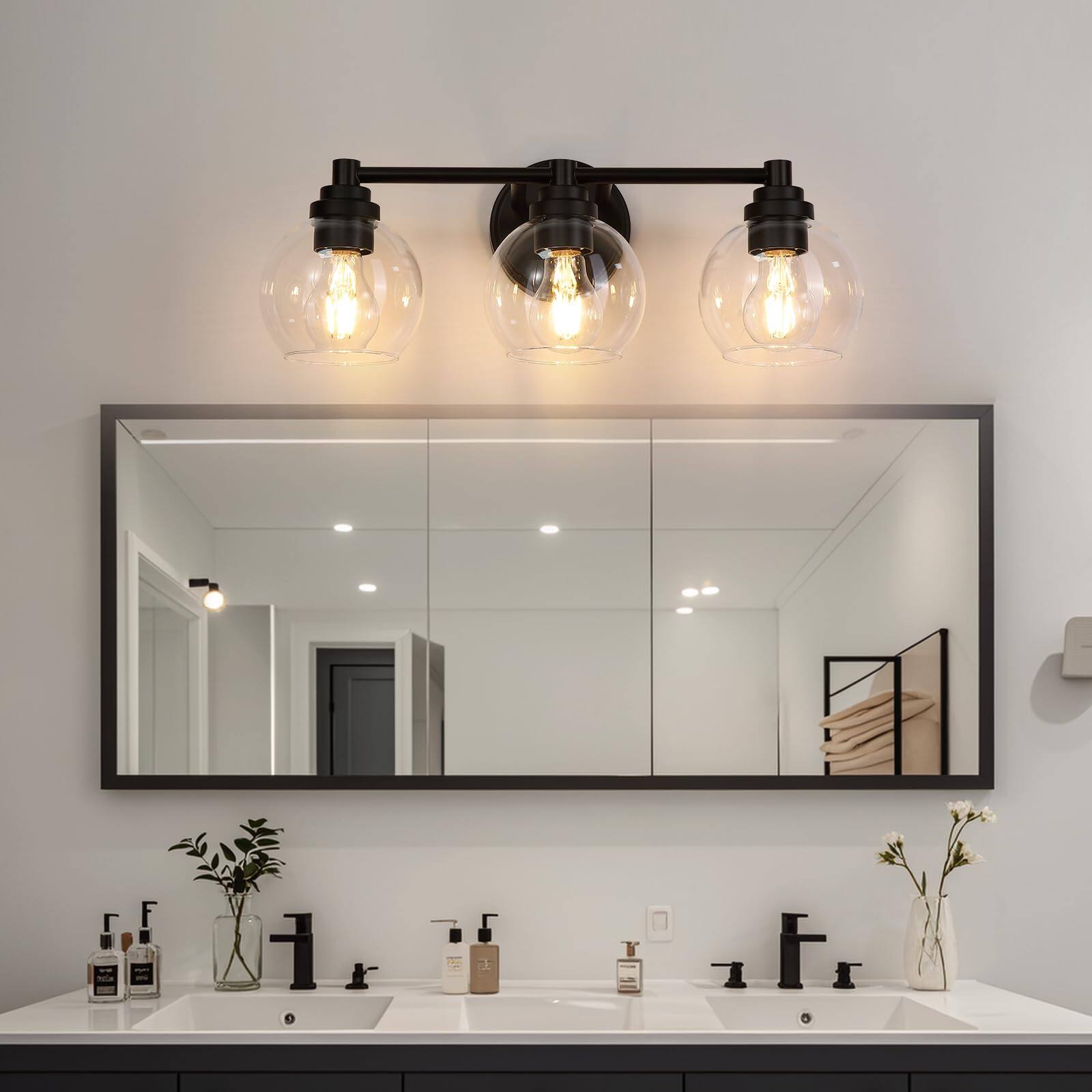 Left. HM 1810 - Upgrade Matte Bathroom Light Fixtures Modern Vanity With Globe Glass Shade Lights Over Mirror For Bedroom K - Black.