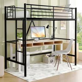 Hivvago - Twin size Metal Loft Bed Frame with Ladder - Space Saving Design - Black