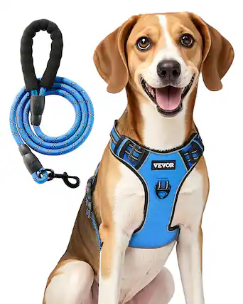 Front. VEVOR - Dog Harness for Large Dogs, No Pull Adjustable Dog Vest Pet Harness, with 5ft Leash, Handle, Metal Rings, Buckles - Blue + Black.