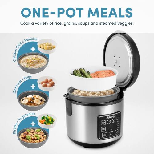 ONE-POT MEALS  
Cook a variety of rice, grains, soups and steamed veggies.  

- Chili + Tamales  
- Chicken  
- Oatmeal + Eggs  
- Vegetables  
- Risotto  

AROMA