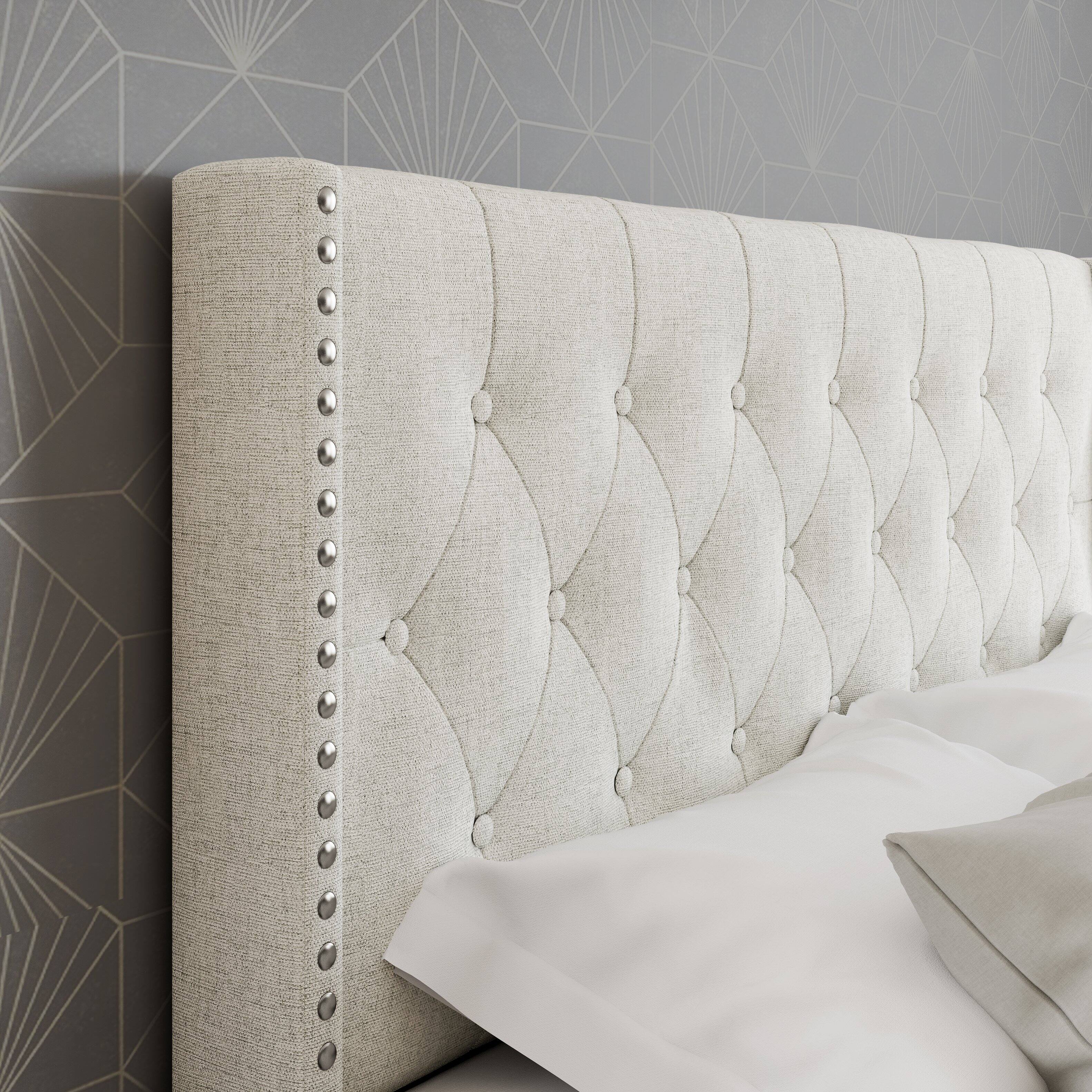 Alt View 6. Boyd Sleep - Mia Linen Platform Bed Frame with Tufted Headboard and Nailhead Trim, No Box Spring Required - Egg Shell.