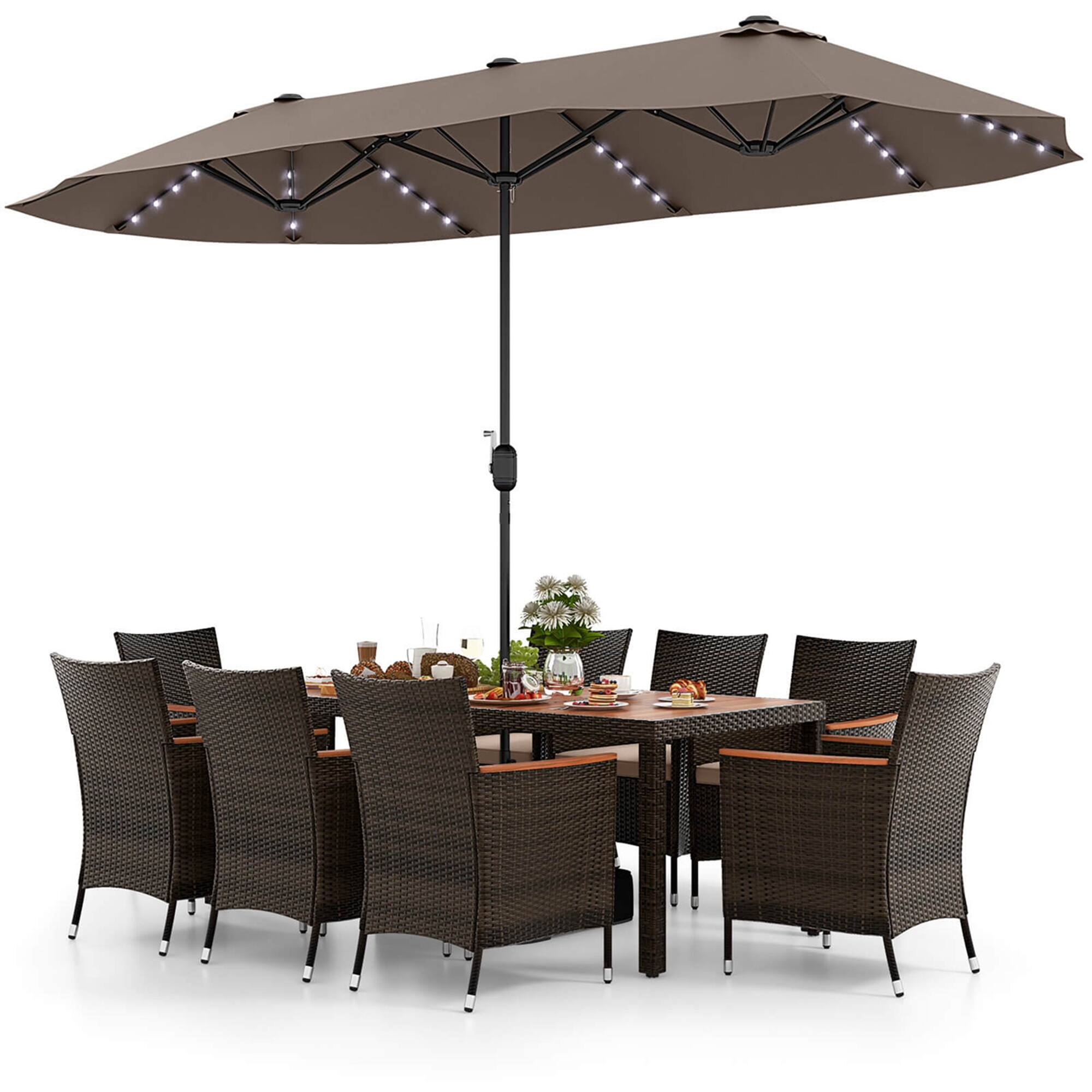 Alt View 11. Costway - 11 PCS Patio Dining Set with 15ft Double-Sided Patio Umbrella (Base Included) - Mix Brown + Coffee.