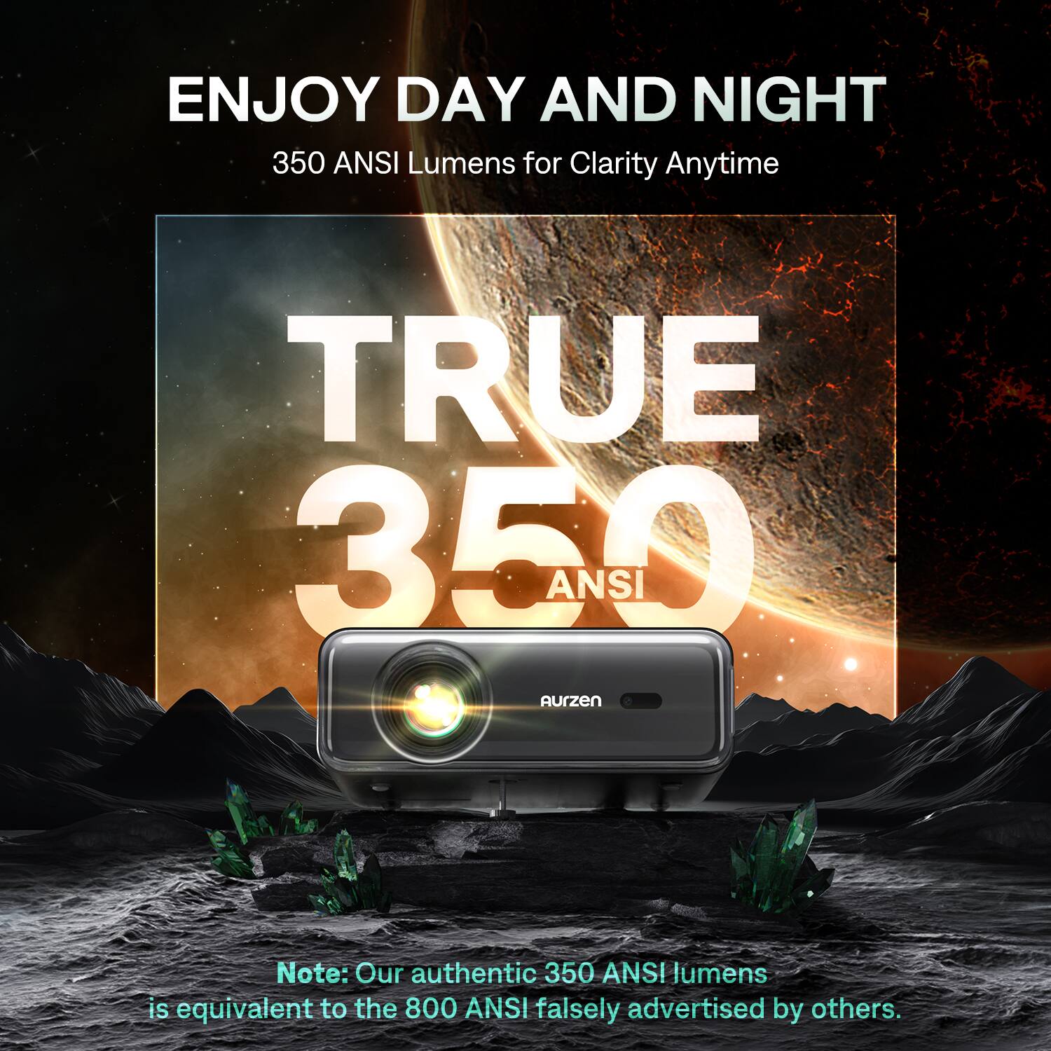Enjoy Day and Night with 350 ANSI Lumens for Clarity Anytime. True 350 ANSI Aurzen. Note: Our authentic 350 ANSI lumens are equivalent to the 800 ANSI falsely advertised by others.