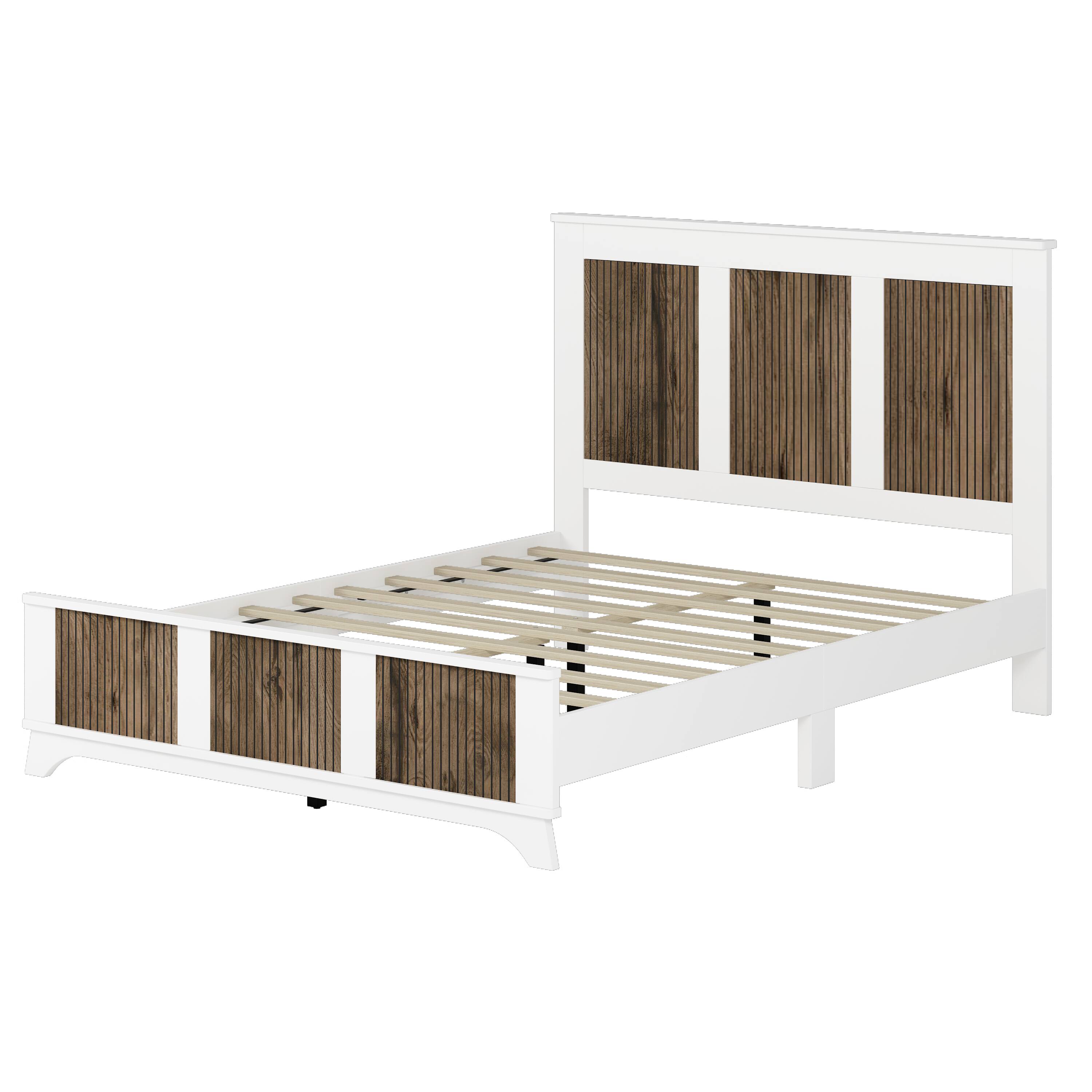 Alt View 1. Tiramisubest - Wooden Platform Queen Size Bed, Modern Platform Bed with Wooden Strip Stickers Decoration, Plywood Slats Support, White - White.