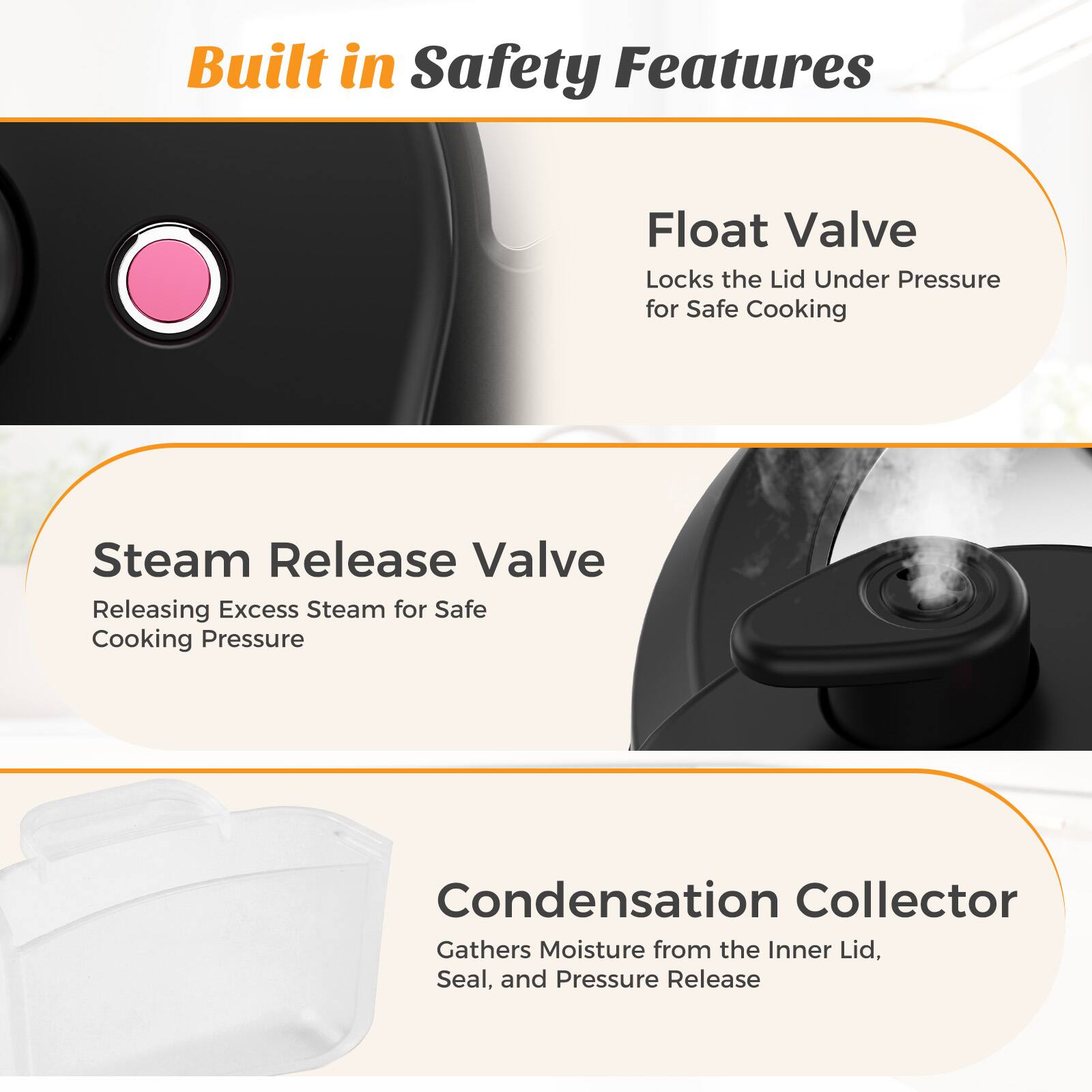 Built in Safety Features

- Float Valve
  - Locks the Lid Under Pressure for Safe Cooking

- Steam Release Valve
  - Releasing Excess Steam for Safe Cooking Pressure

- Condensation Collector
  - Gathers Moisture from the Inner Lid, Seal, and Pressure Release