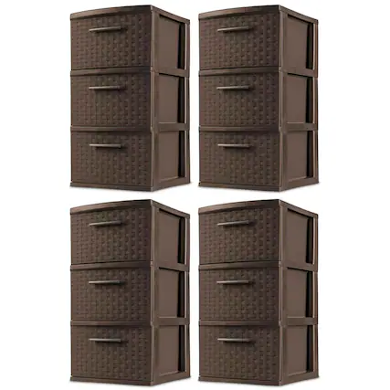 Front. Sterilite - Sterilite 3 Drawer Decorative Plastic Weave Storage Tower, 4-Pack, Espresso - Brown.