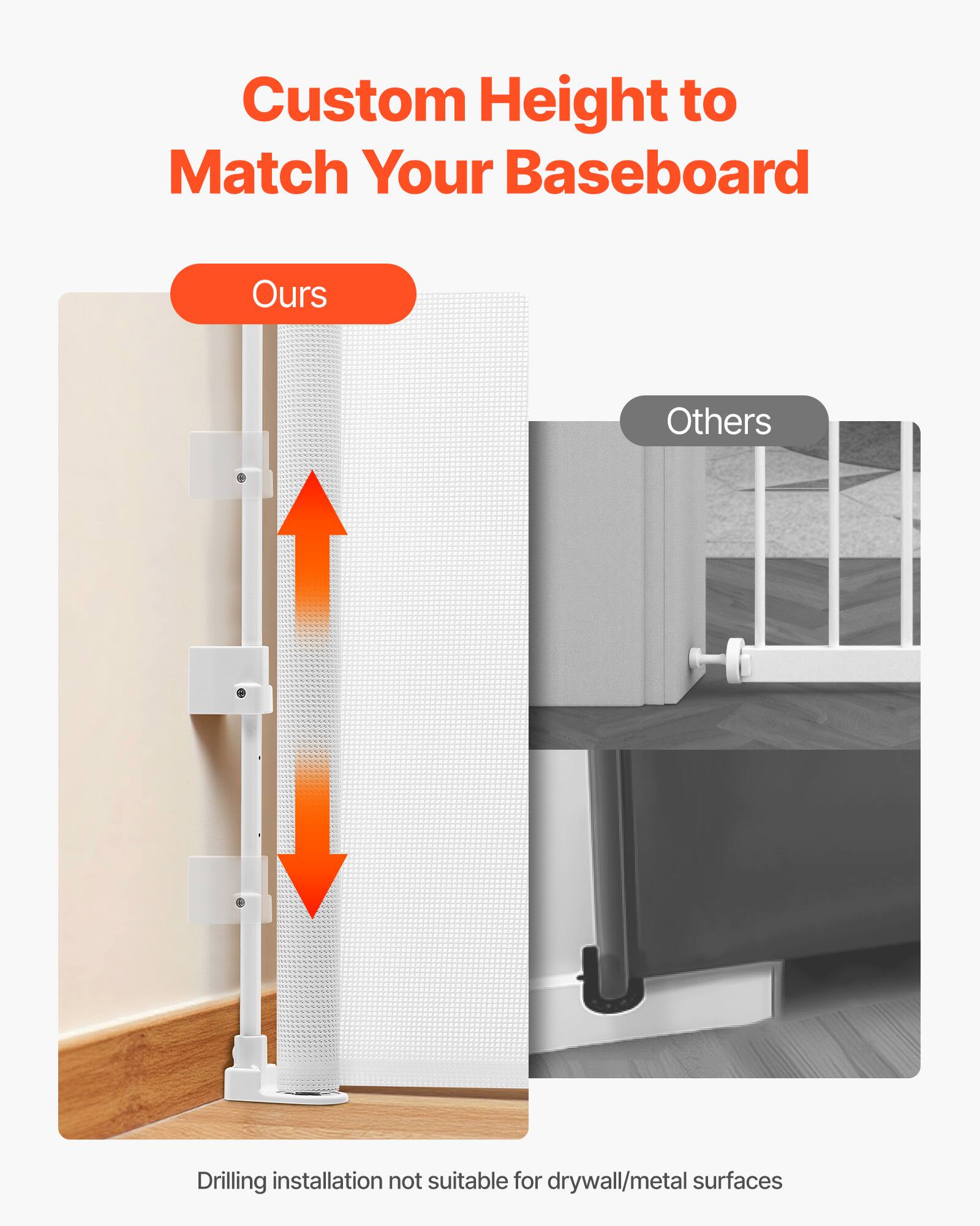 Custom Height to Match Your Baseboard

Ours

Others

Drilling installation not suitable for drywall/metal surfaces