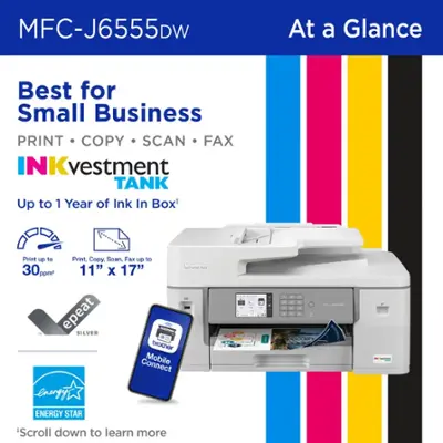 MFC-J6555DW INKvestment Tank All-in-One Color Inkjet Printer, Copy/Fax/Print/Scan