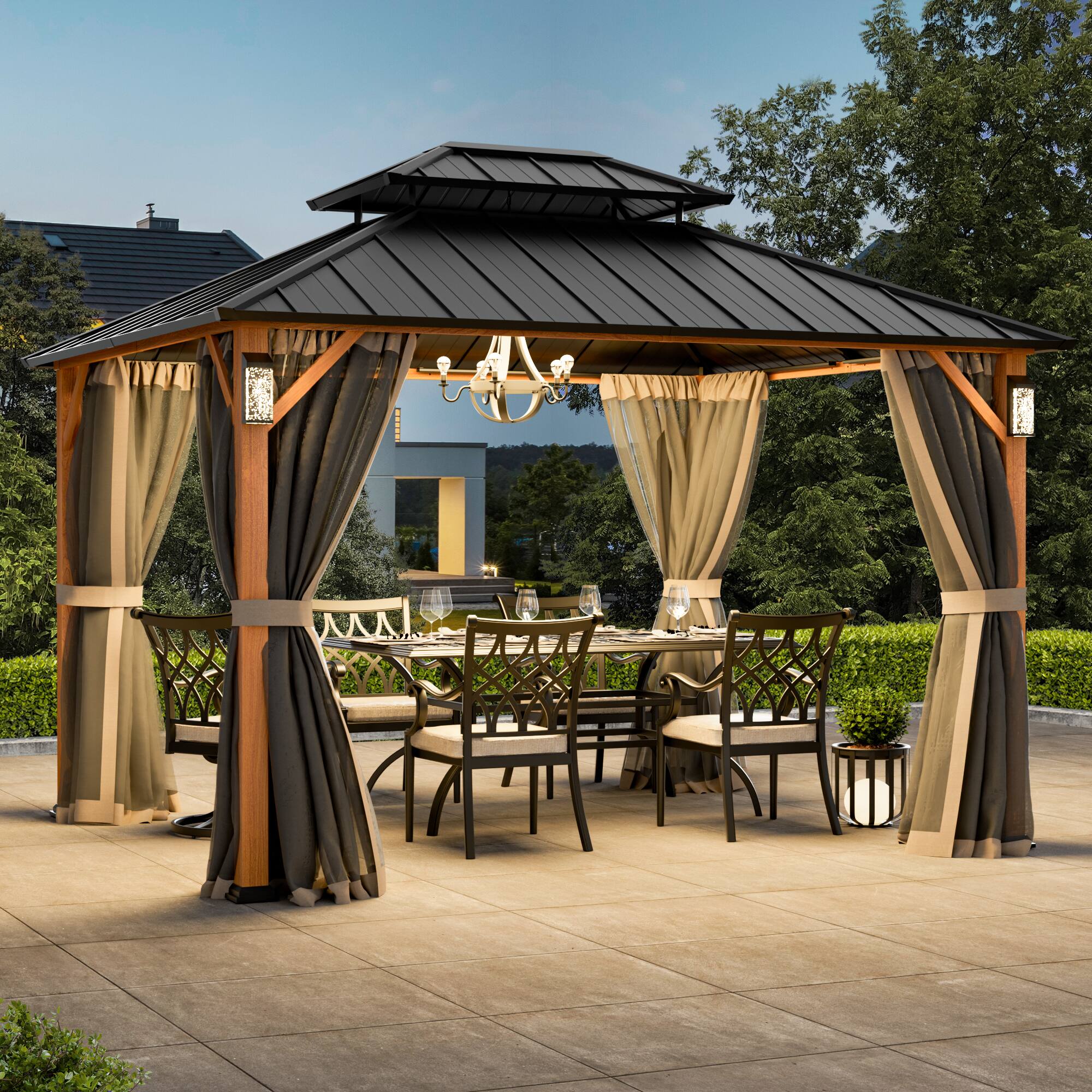 Angle. Modern Shade Outdoor Living Spaces - Modern Shade The Horizon Hardtop Gazebo 10' x 12' with 4 LED Lights, Galvanized Steel Double Roof.