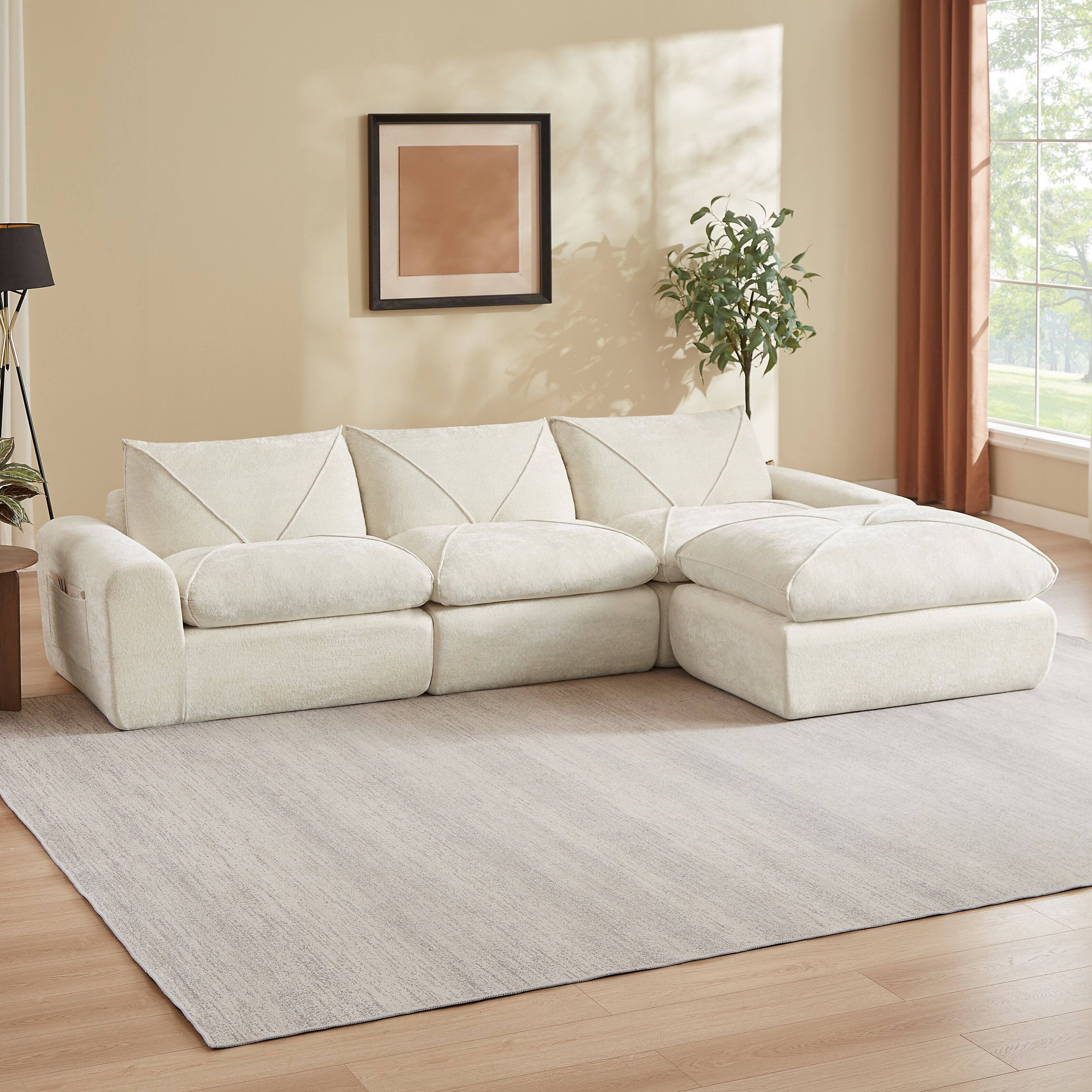 Angle. Loheer - Loheer 119 Inch Chenille Sectional Sofa with Ottoman Modern Minimalist Living Room Couch for Family - Beige.