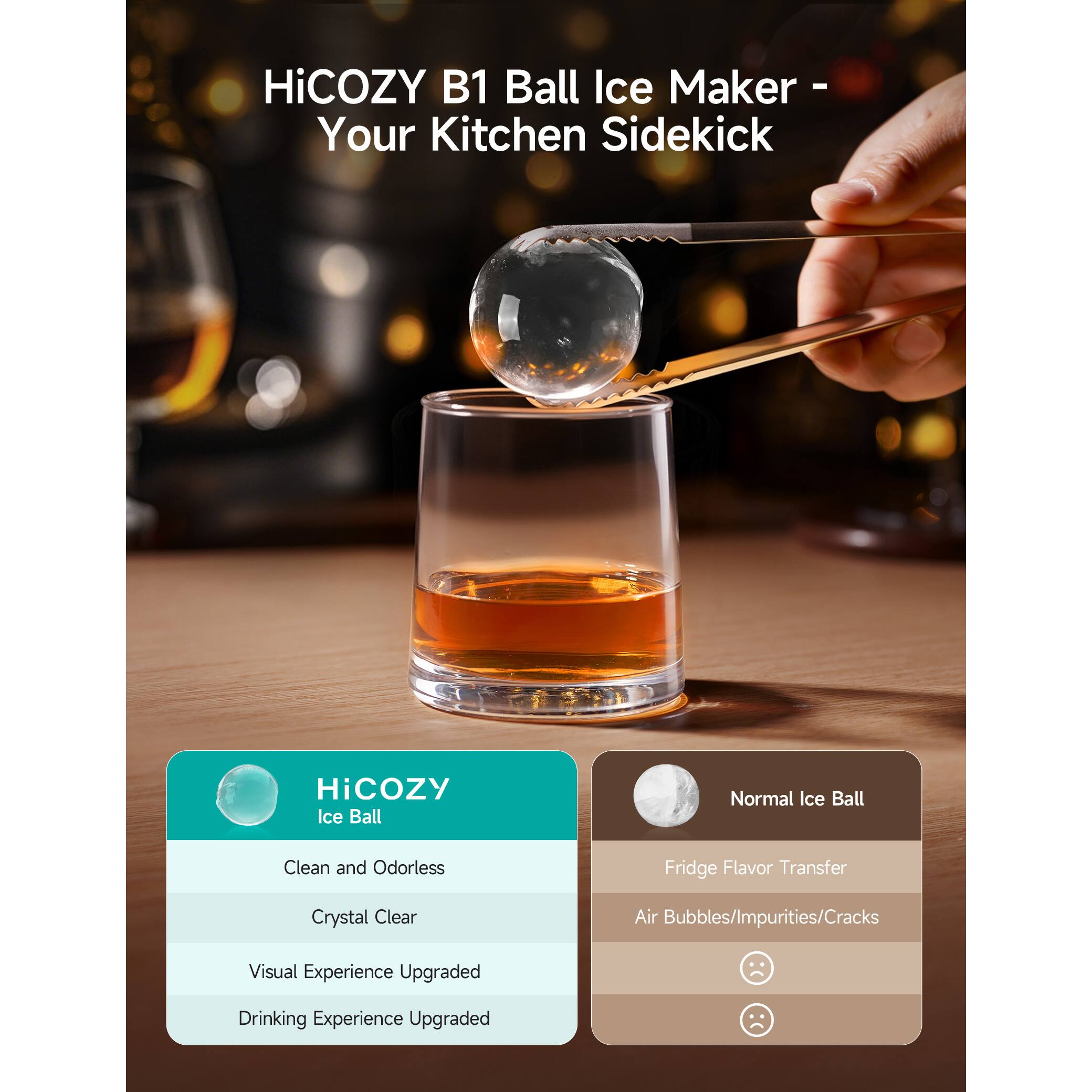 HiCOZY B1 Ball Ice Maker - Your Kitchen Sidekick

HiCOZY Ice Ball
- Clean and Odorless
- Crystal Clear
- Visual Experience Upgraded
- Drinking Experience Upgraded

Normal Ice Ball
- Fridge Flavor Transfer
- Air Bubbles/Impurities/Cracks