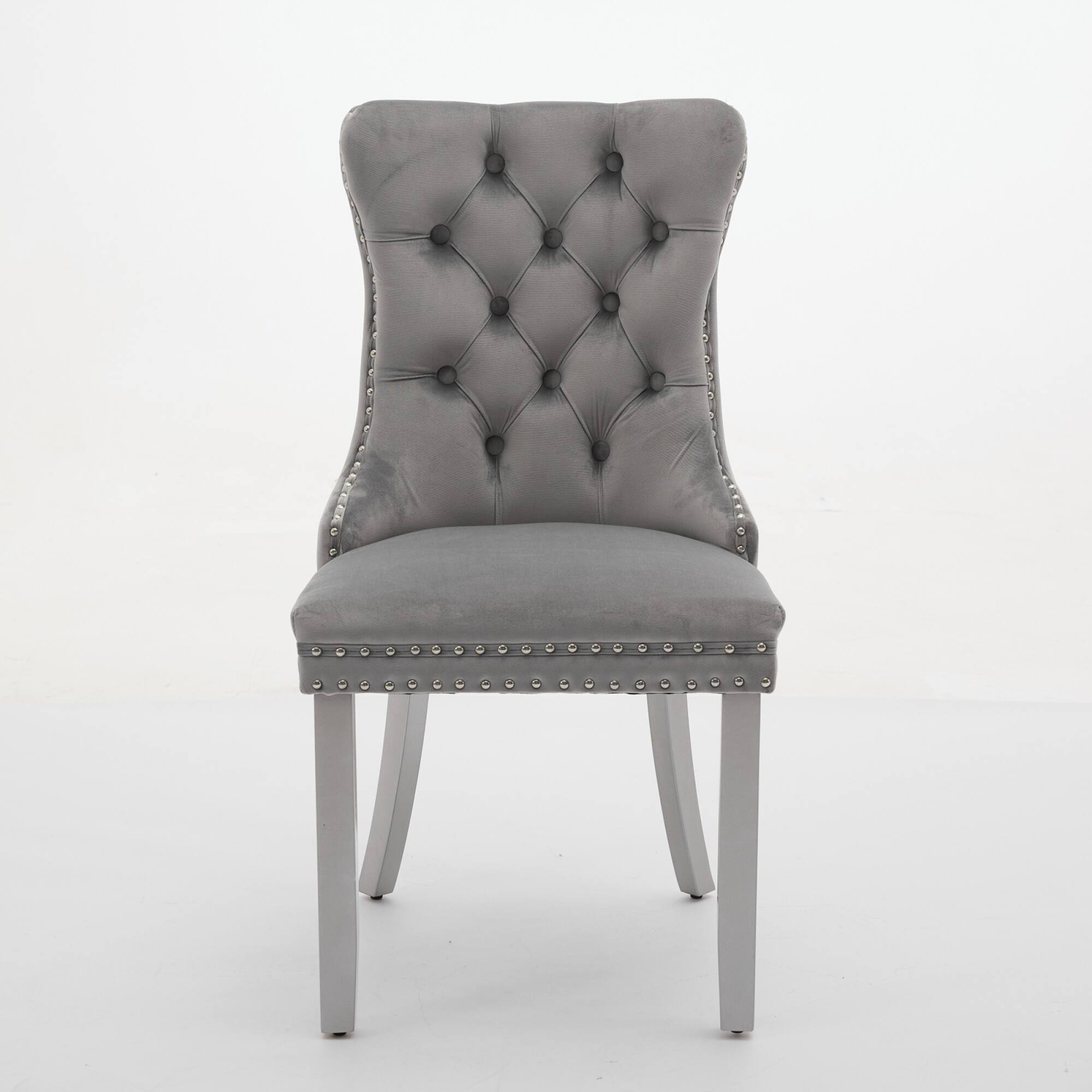 Angle. GOODSILO - Modern High-End Tufted Velvet Upholstered Dining Chairs with Solid Wood Legs and Nailhead Trim, Set of 2 - Light Gray.