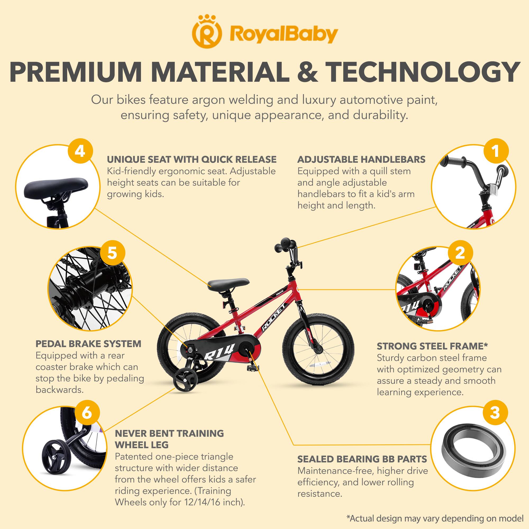 **RoyalBaby PREMIUM MATERIAL & TECHNOLOGY**

Our bikes feature argon welding and luxury automotive paint, ensuring safety, unique appearance, and durability.

1. **ADJUSTABLE HANDLEBARS**
   - Equipped with a quill stem and angle adjustable handlebars to fit a kid's arm height and length.

2. **STRONG STEEL FRAME***
   - Sturdy carbon steel frame with optimized geometry can assure a steady and smooth learning experience.

3. **SEALED BEARING BB PARTS**
   - Maintenance-free, higher drive efficiency, and lower rolling resistance.

4. **UNIQUE SEAT WITH QUICK RELEASE**
   - Kid-friendly ergonomic seat. Adjustable height seats can be suitable for growing kids.

5. **PEDAL BRAKE SYSTEM**
   - Equipped with a rear coaster brake which can stop the bike by pedaling backwards.

6. **NEVER BENT TRAINING WHEEL LEG**
   - Patented one-piece triangle structure with wider distance from the wheel offers kids a safer riding experience. (Training Wheels only for 12/14/16 inch).

*Actual design may vary depending on model