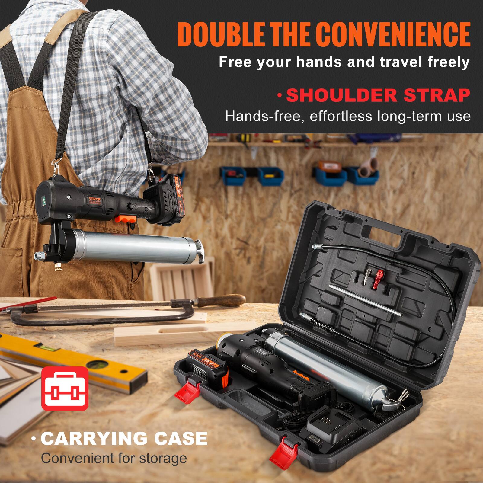 DOUBLE THE CONVENIENCE  
Free your hands and travel freely  

- SHOULDER STRAP  
Hands-free, effortless long-term use  

- CARRYING CASE  
Convenient for storage