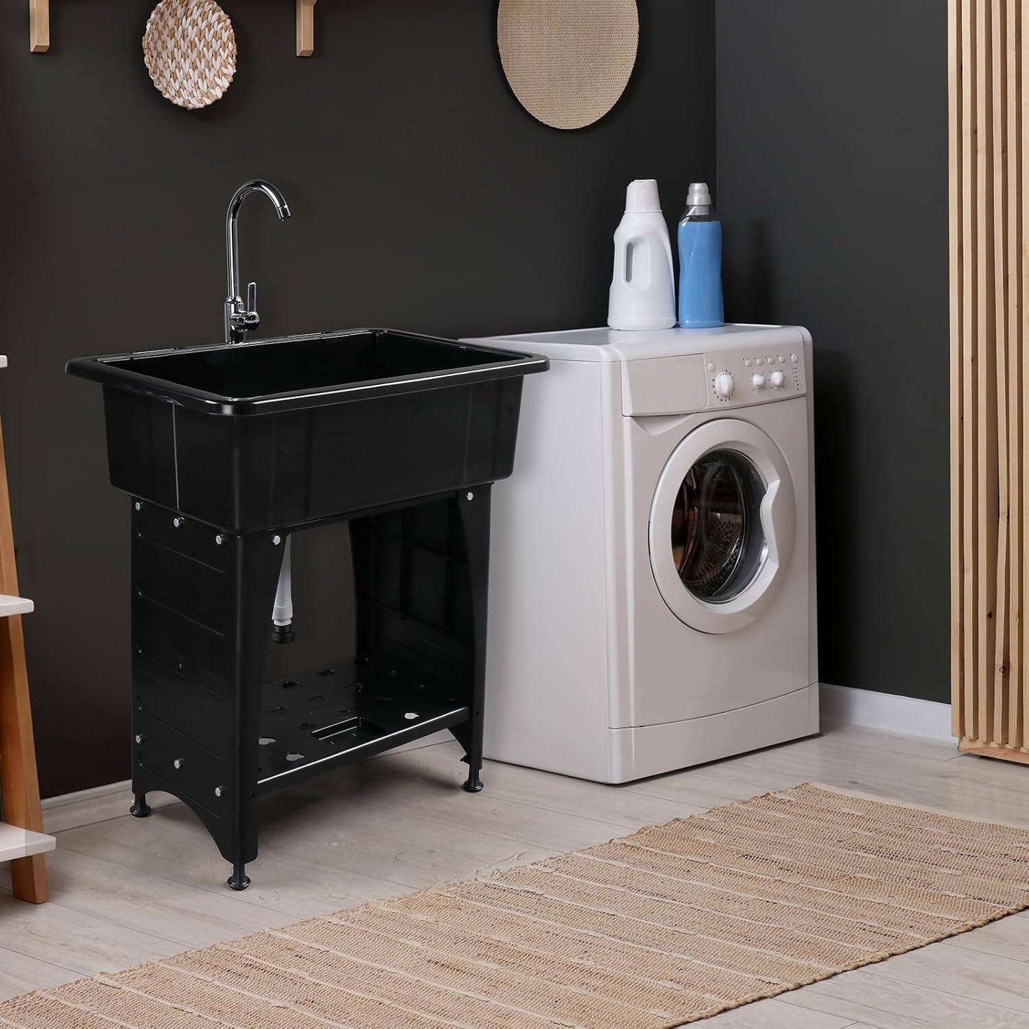 Left. Winado - Freestanding Utility Sink with Dual Temperature Faucet & Bottom Storage Shelf for Laundry Room, Garage Workshop Cleaning - Black.
