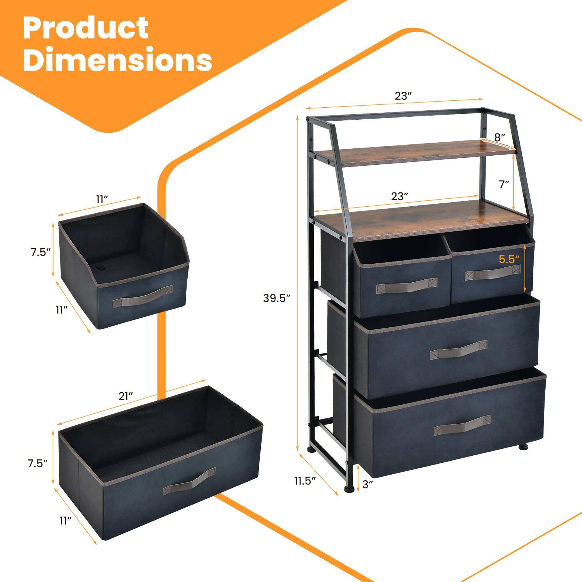 Product Dimensions

- 23" x 8" x 11"
- 23" x 7" x 5.5"
- 21" x 7.5" x 11"
- 39.5" x 11.5" x 3"