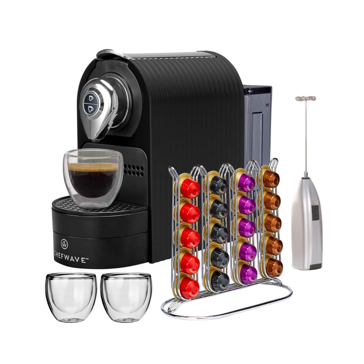 ChefWave - Espresso Machine with Holder, Cups and Handheld Milk Frother - Black
