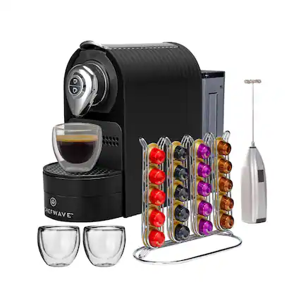 Front. ChefWave - ChefWave Espresso Machine (Black) with Holder, Cups and Handheld Milk Frother - Black.