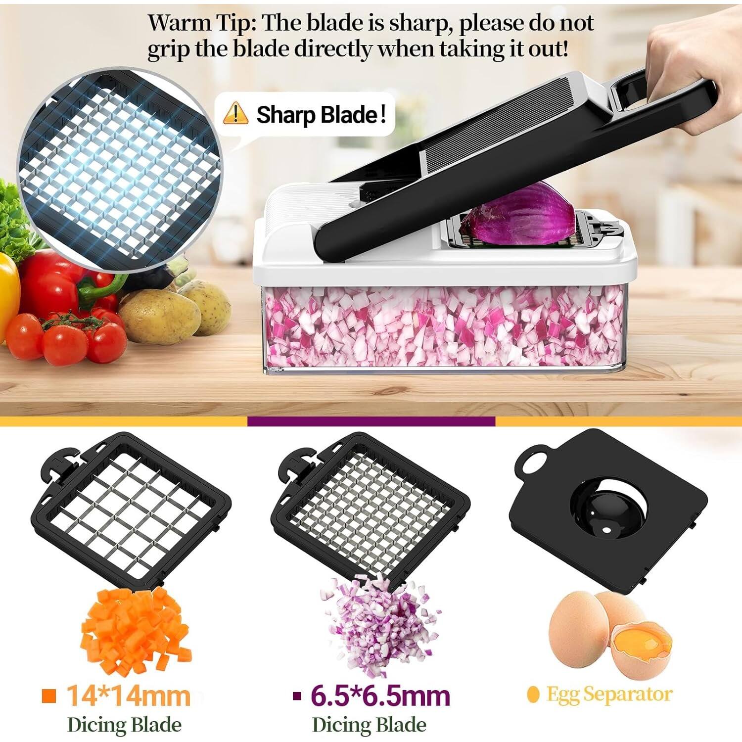 Warm Tip: The blade is sharp, please do not grip the blade directly when taking it out! Sharp Blade! 14*14mm Dicing Blade 6.5*6.5mm Dicing Blade Egg Separator
