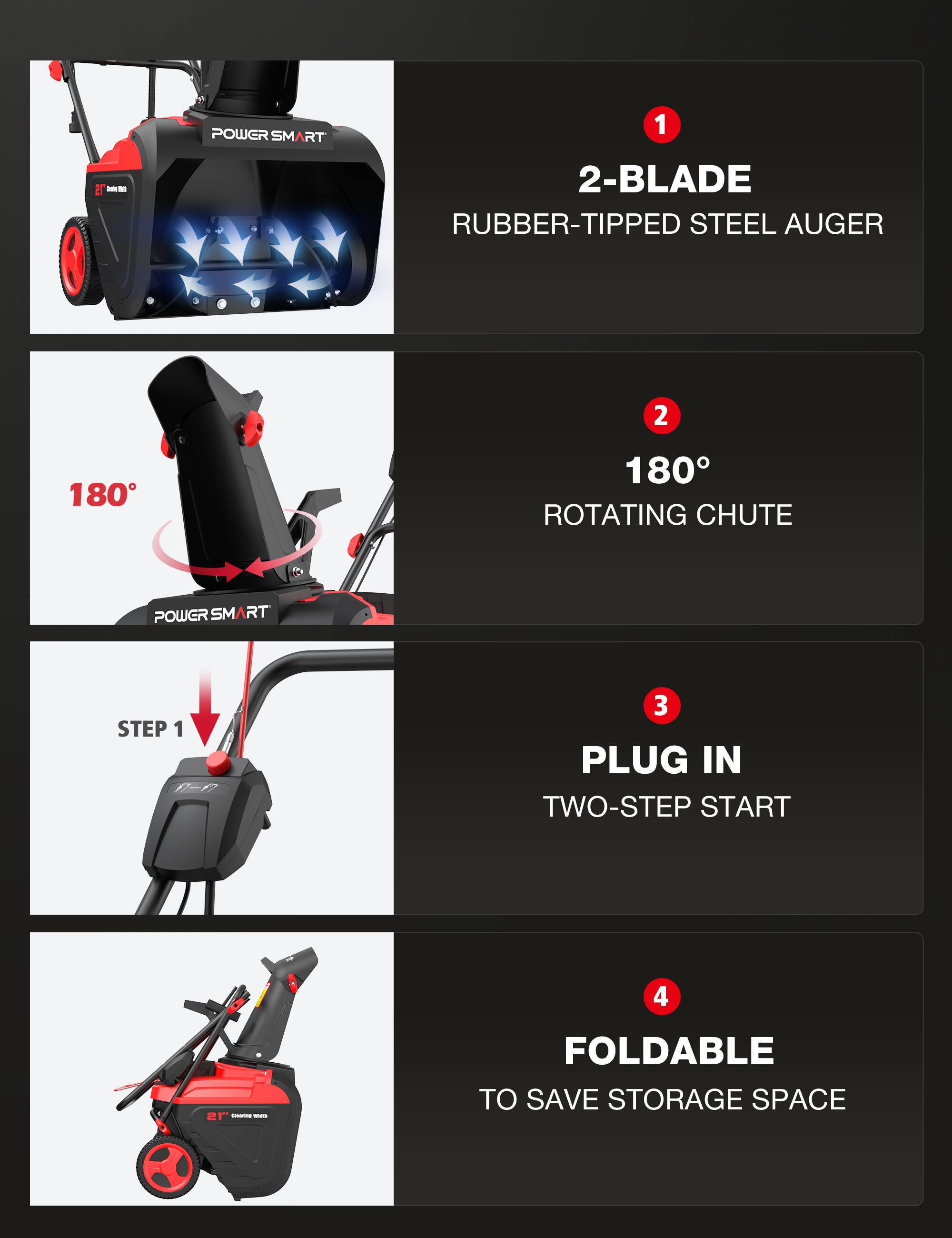 POWER SMART  
1 2-BLADE RUBBER-TIPPED STEEL AUGER  
2  
180  
180° ROTATING CHUTE  
POWER SMART  
STEP 1 -  
3 PLUG IN TWO-STEP START  
4  
21" FOLDABLE TO SAVE STORAGE SPACE