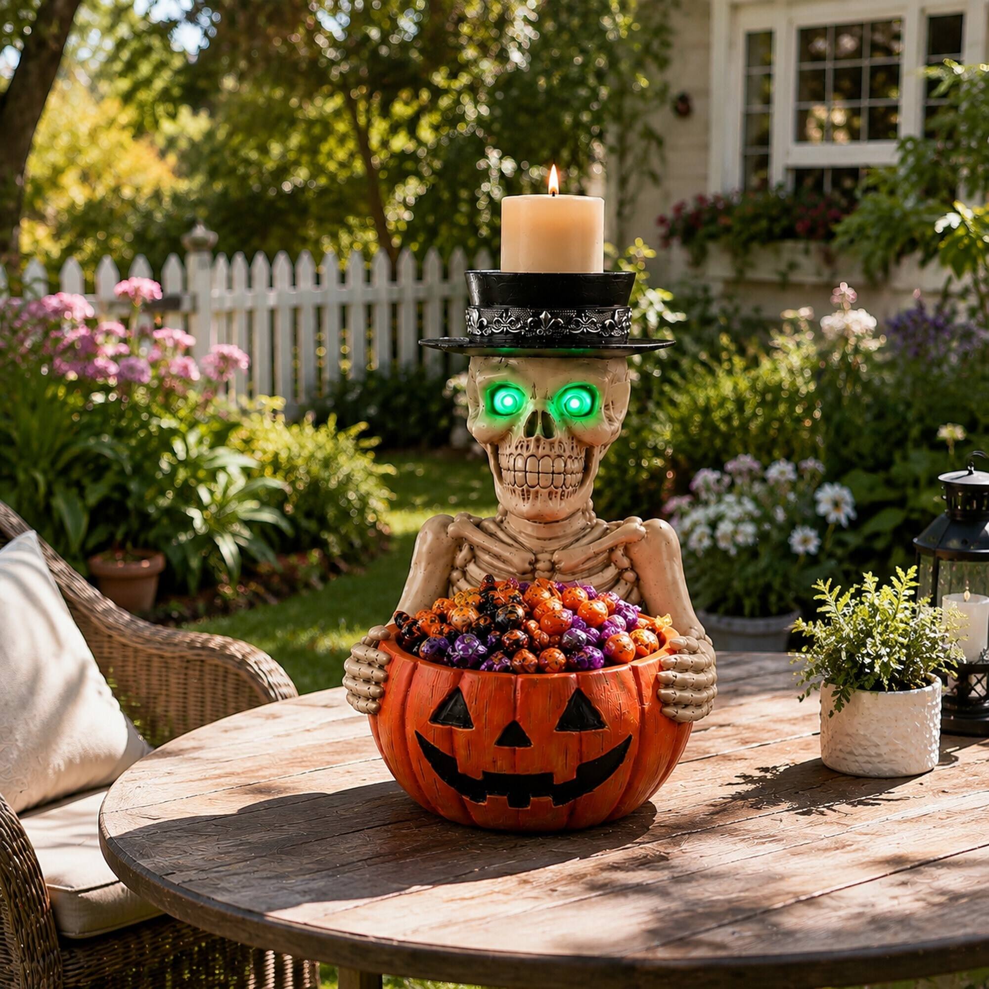 Alt View 1. RYHNUYNE - Spooky Halloween Skeleton Figurine with LED Glowing Eyes, Pumpkin Candy Bowl, and Top Hat Candle Holder - White.