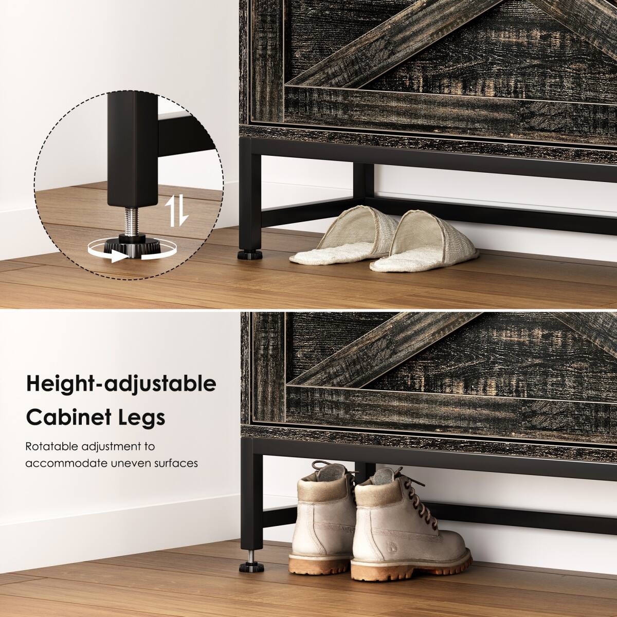 Height-adjustable Cabinet Legs  
Rotatable adjustment to accommodate uneven surfaces