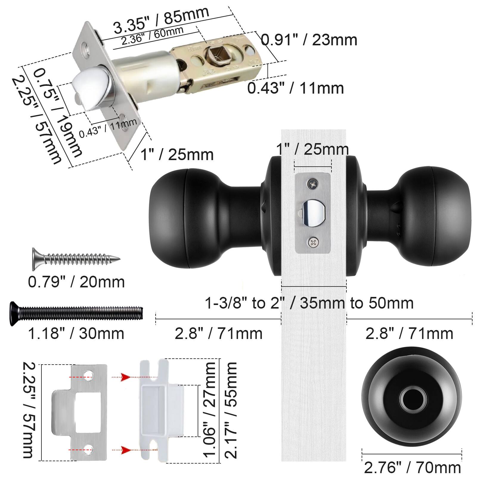 3.35" / 85mm, 2.36" / 60mm, 2.25" / 57mm, 0.75" / 19mm, 0.43" / 11mm, 1" / 25mm, 0.91" / 23mm, 0.43" / 11mm, 1" / 25mm, 2.8" / 71mm, 1-3/8" to 2" / 35mm to 50mm, 2.8" / 71mm, 2.76" / 70mm, 1.06" / 27mm, 2.17" / 55mm