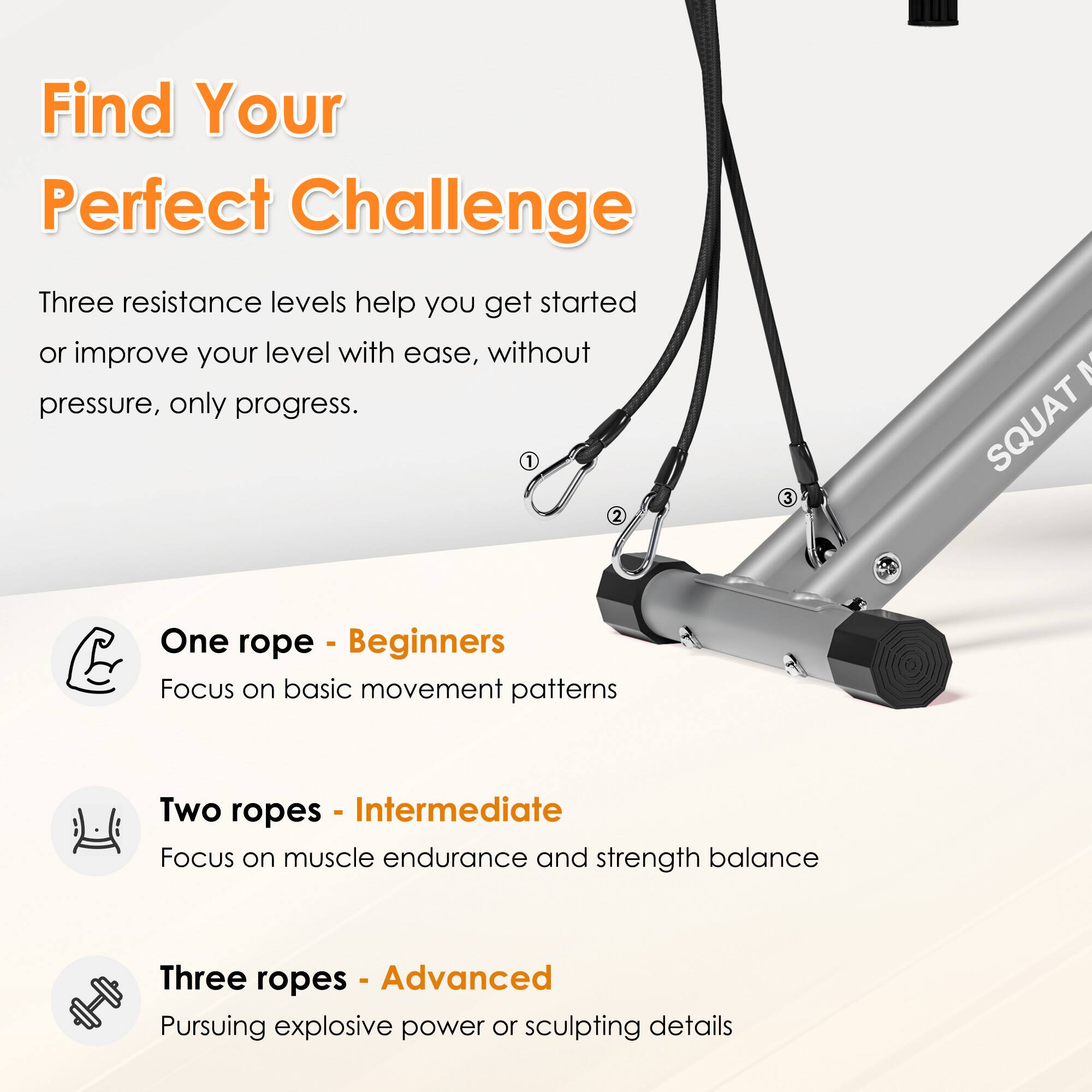Find Your Perfect Challenge

Three resistance levels help you get started or improve your level with ease, without pressure, only progress.

1. One rope - Beginners  
   Focus on basic movement patterns

2. Two ropes - Intermediate  
   Focus on muscle endurance and strength balance

3. Three ropes - Advanced  
   Pursuing explosive power or sculpting details