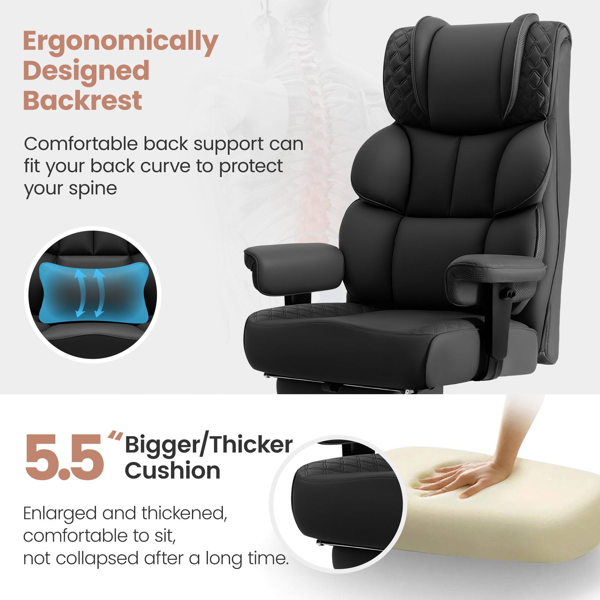 Ergonomically Designed Backrest: Comfortable back support that fits your back curve to protect your spine. 5.5% Bigger/Thicker Cushion: Enlarged and thickened, comfortable to sit on, and does not collapse after a long time.
