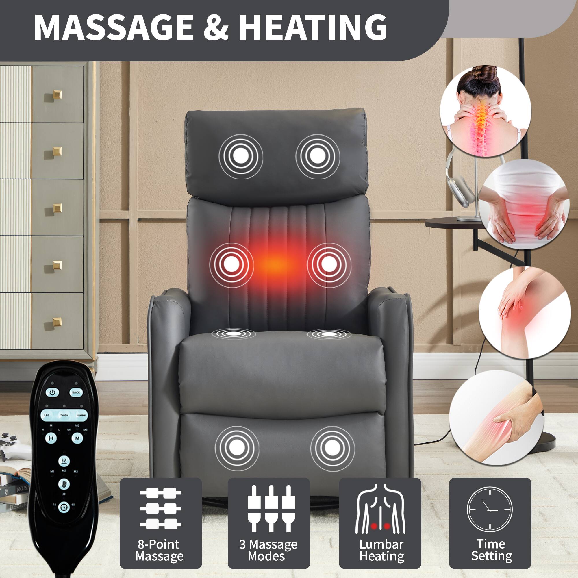 MASSAGE & HEATING

- 8-Point Massage
- 3 Massage Modes
- Lumbar Heating
- Time Setting