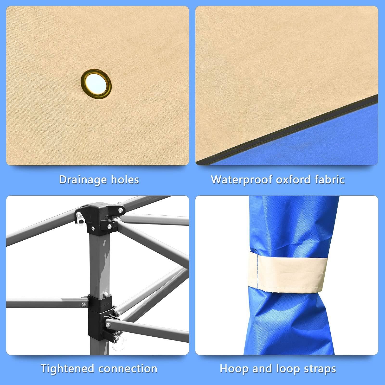 Drainage holes, Waterproof oxford fabric, Tightened connection, Hoop and loop straps