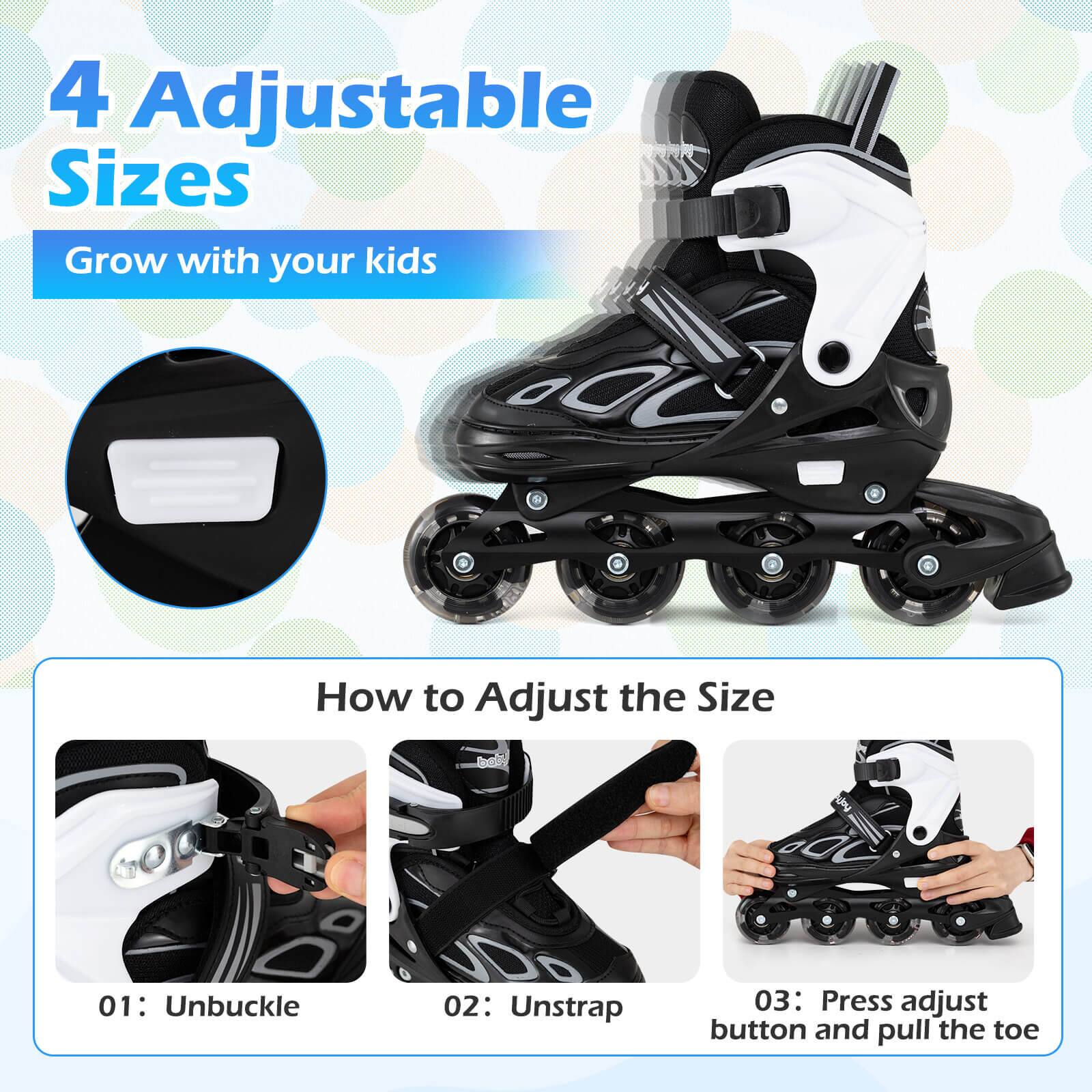 4 Adjustable Sizes  
Grow with your kids  

How to Adjust the Size  
01: Unbuckle  
02: Unstrap  
03: Press adjust button and pull the toe