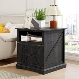 Vipbear - 24" Rustic Nightstand with Chargers Dark Living Room Rustic Nightstand Wooden Nightstand - Gray