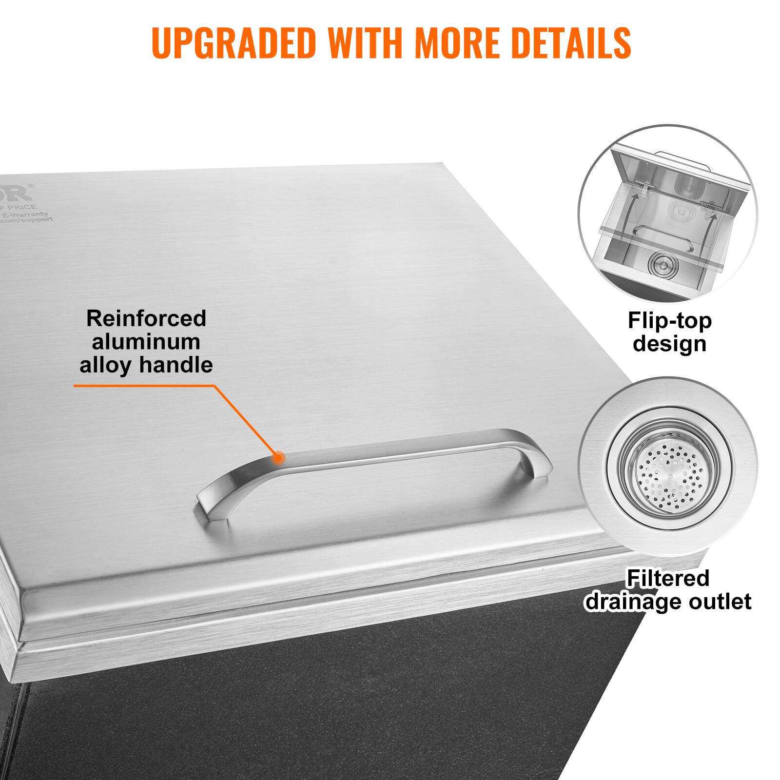 UPGRADED WITH MORE DETAILS

- Reinforced aluminum alloy handle
- Flip-top design
- Filtered drainage outlet