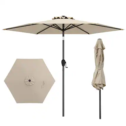 Front. Gymax - Gymax 7.5 ft Patio Umbrella Outdoor Heavy Duty Market Umbrella w/ Push Button Tilt Beige - Beige.