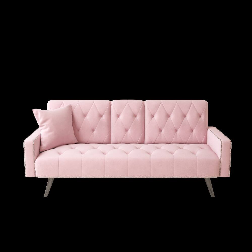Alt View 4. Loheer - Loheer Pink Velvet Sofa Bed 72 Inch Convertible Sleeper Sofa with Cup Holders Tufted Futon for Small Spaces - Pink.