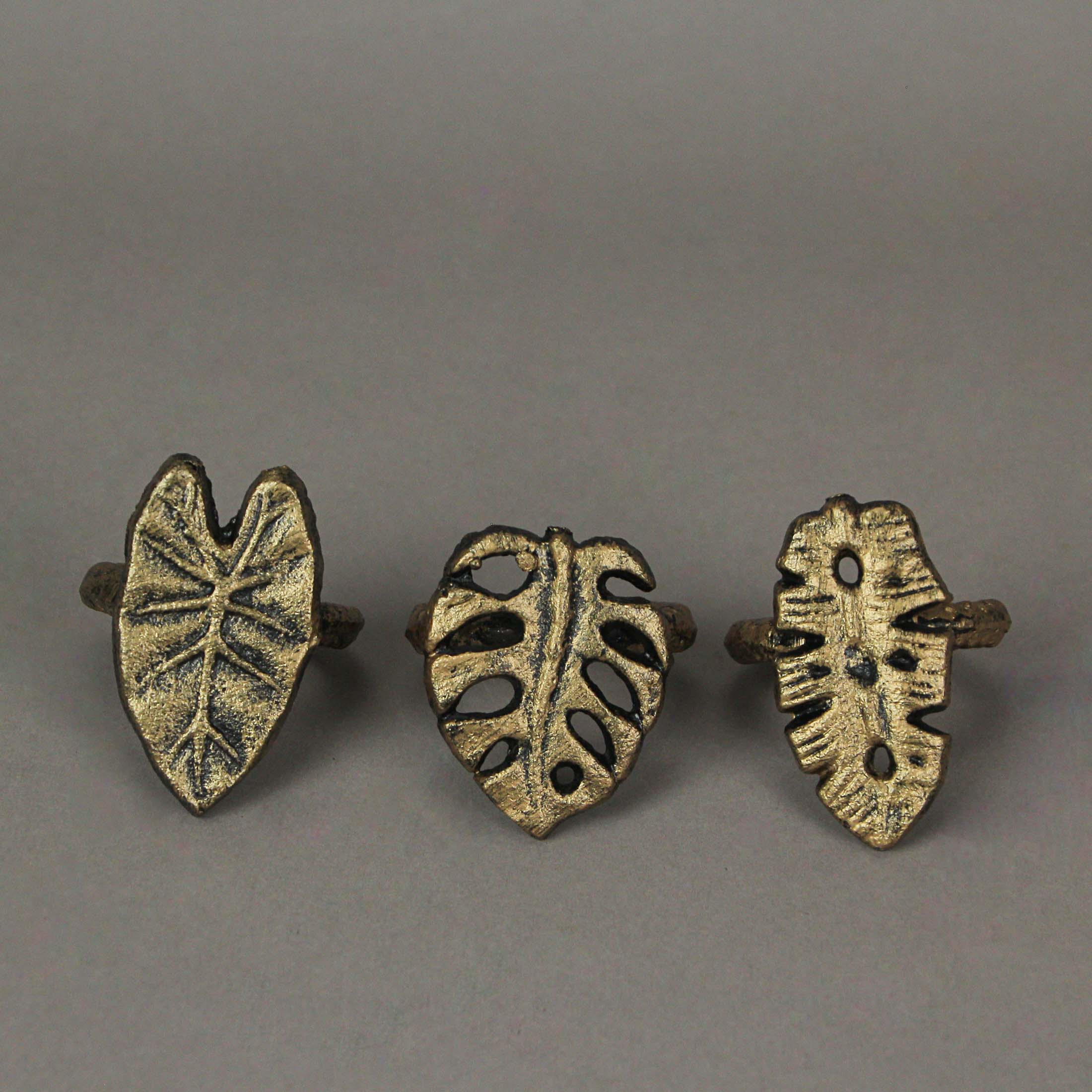Alt View 1. Zeckos - Set of 6 Antique Gold Cast Iron Tropical Leaf Napkin Rings Dining Decor - Gold.