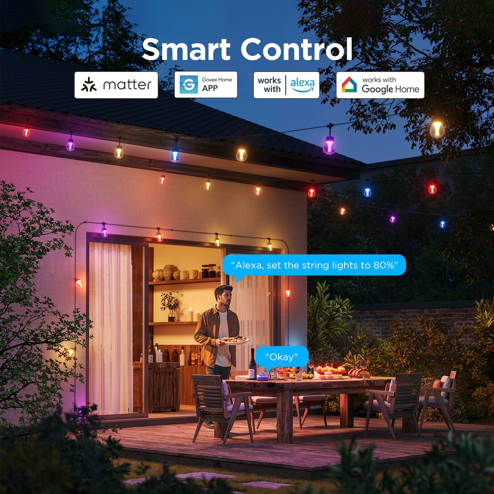 Smart Control

matter  
Govee Home APP  
works with Alexa  
works with Google Home  

"Alexa, set the string lights to 80%"  
"Okay"