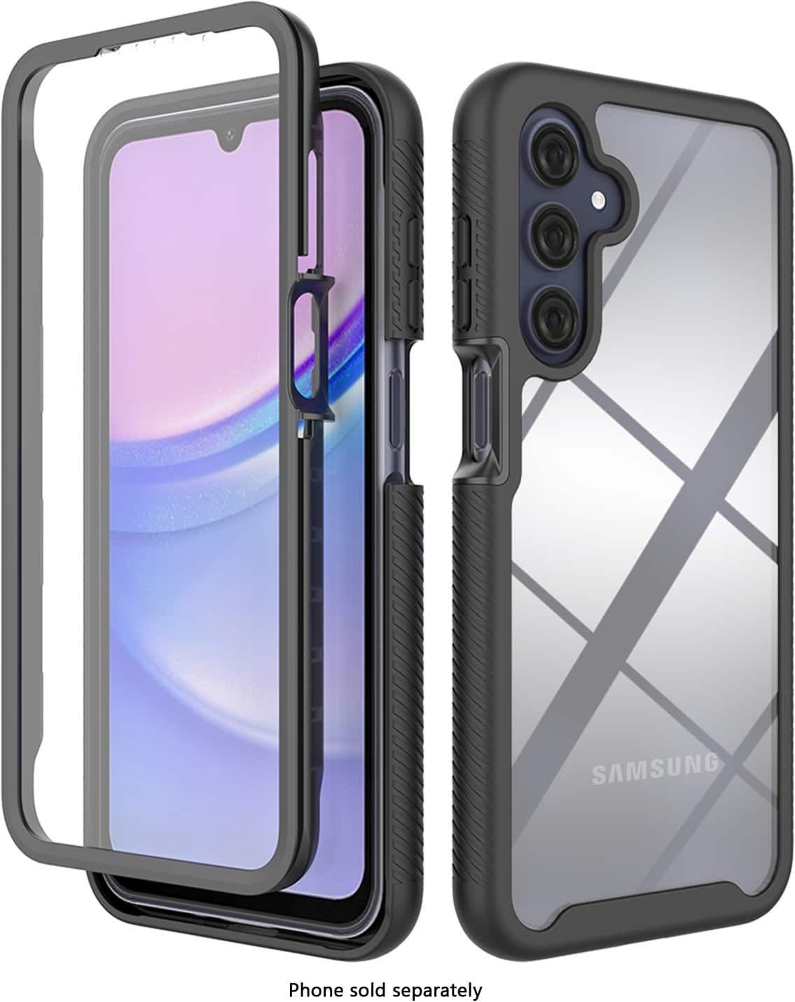 The image shows a Samsung phone with a case on it. The case is designed to protect the phone and is sold separately. The phone is displayed in a white and black color scheme, and the case is black. The case is designed to fit the phone snugly and provide protection from scratches and other potential damage.