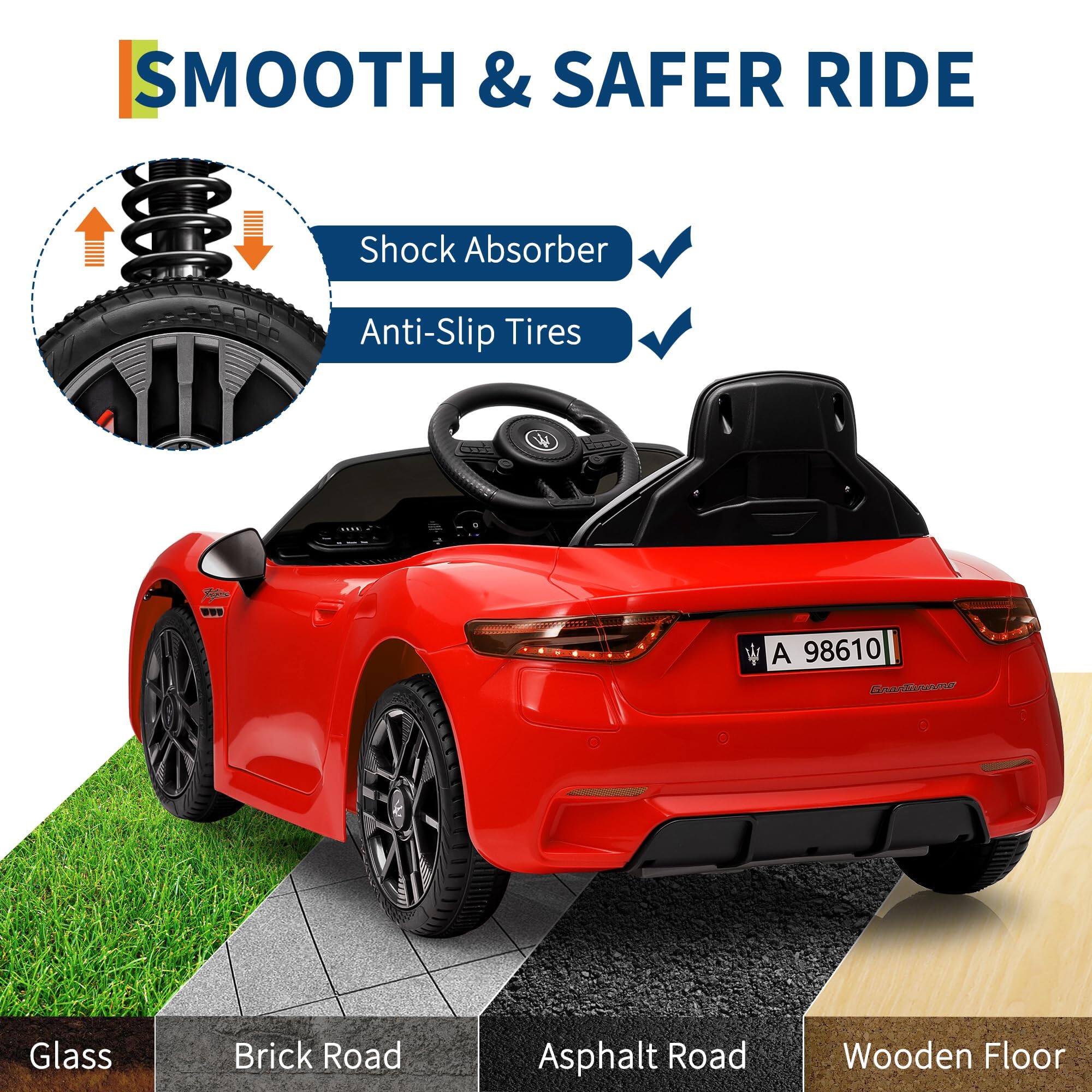 SMOOTH & SAFER RIDE

- Shock Absorber
- Anti-Slip Tires

Glass  
Brick Road  
Asphalt Road  
Wooden Floor