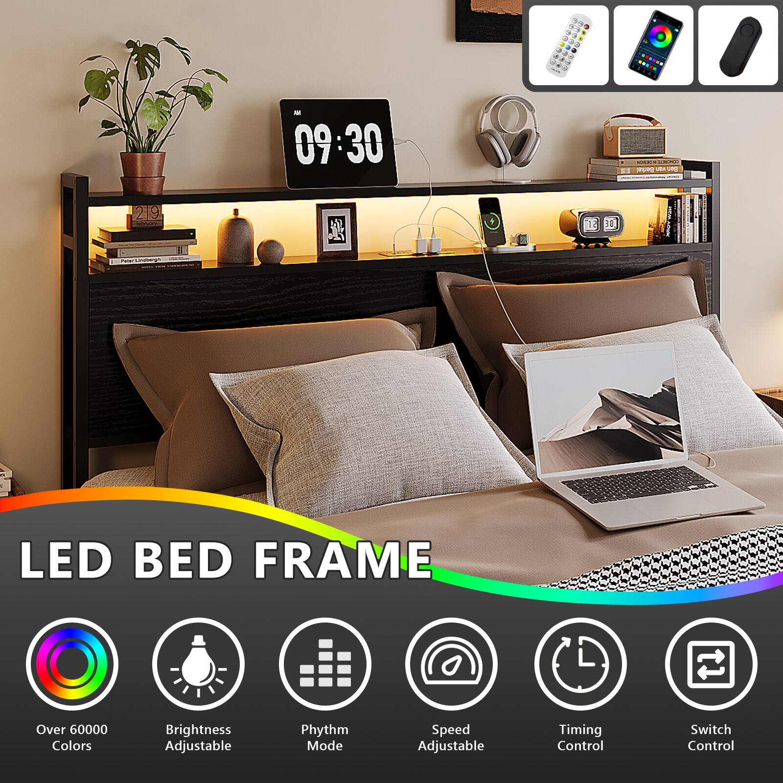 - 3 a - ...... Al 09:30   AP 219 O 18 30  
- LED BED FRAME  
  Over 60000 Colors  
  Brightness Adjustable  
  Phythm Mode  
  Speed Adjustable  
  Timing Control  
  Switch Control