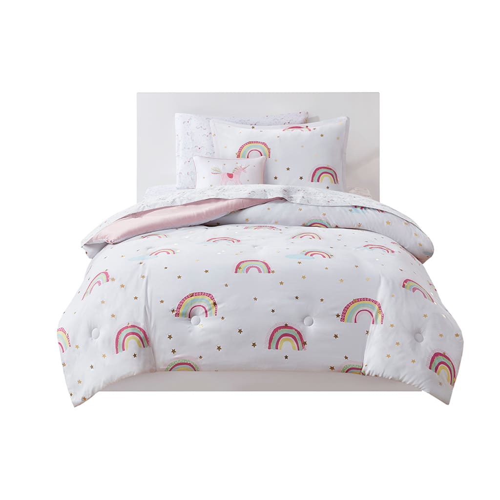 Gracie Mills - Thyme Rainbow and Metallic Stars Comforter Set with Coordinating Bed Sheets - White